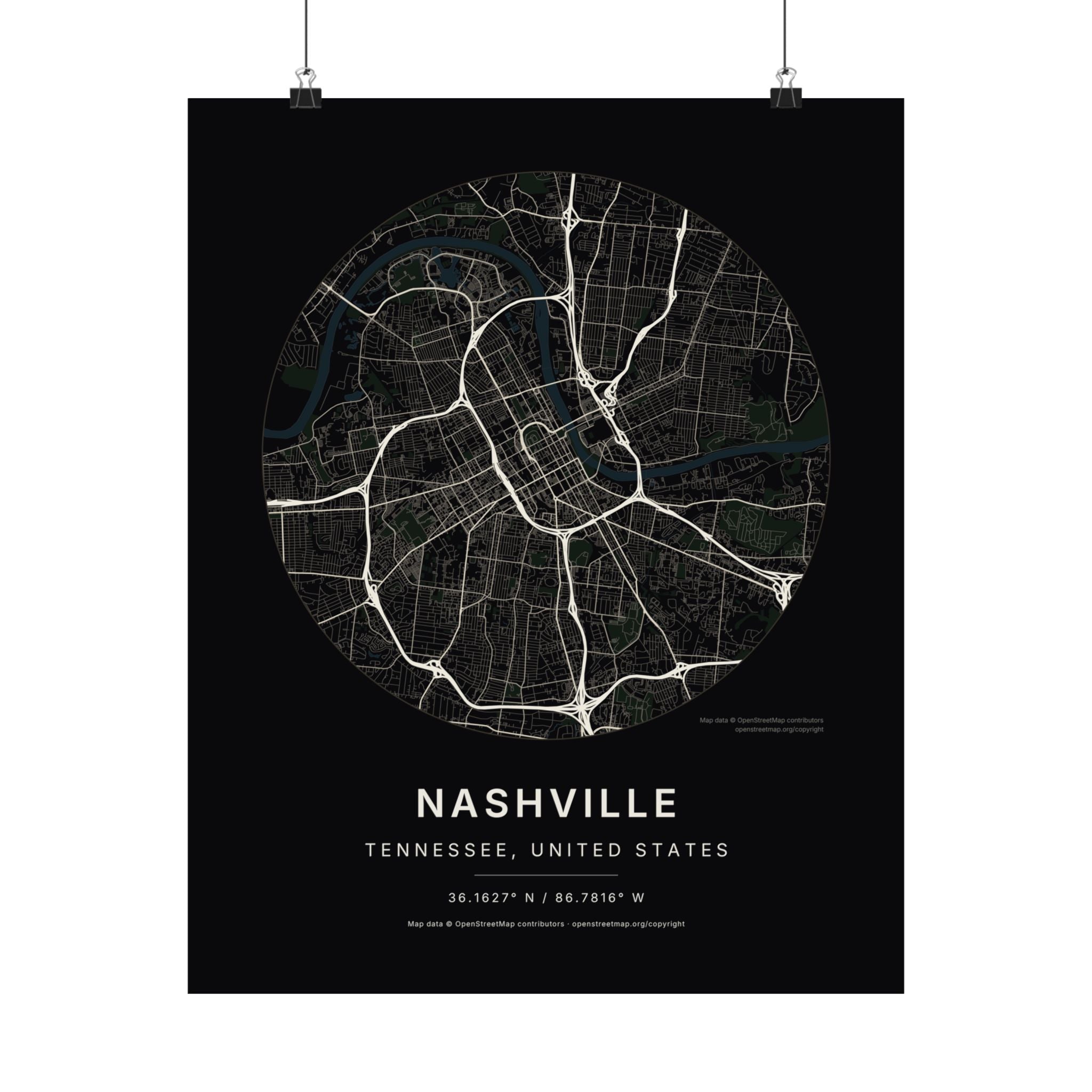 Nashville, Tennessee City Map Print — Noir Black Street Map Wall Art