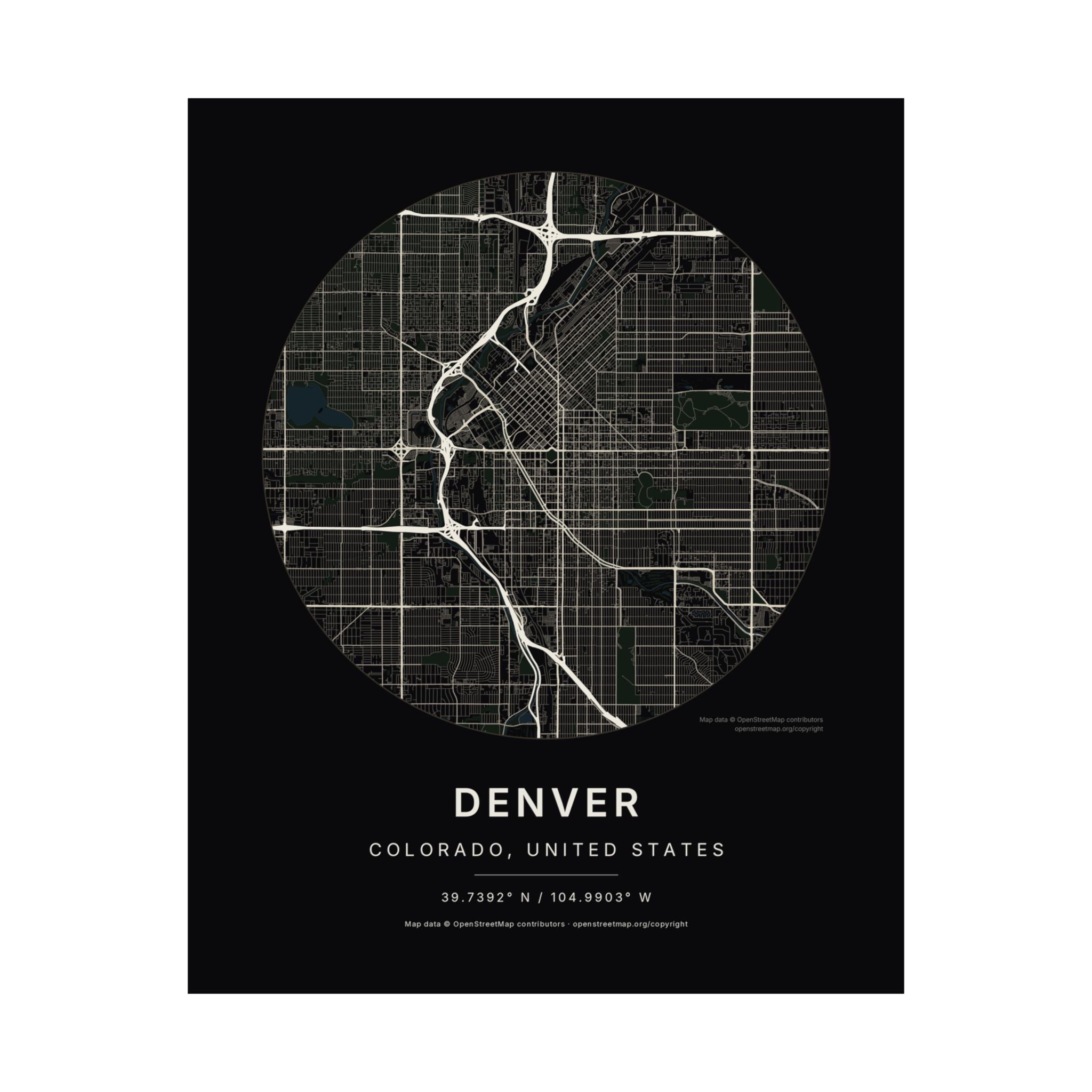 Denver, Colorado City Map Print — Noir Black Street Map Wall Art