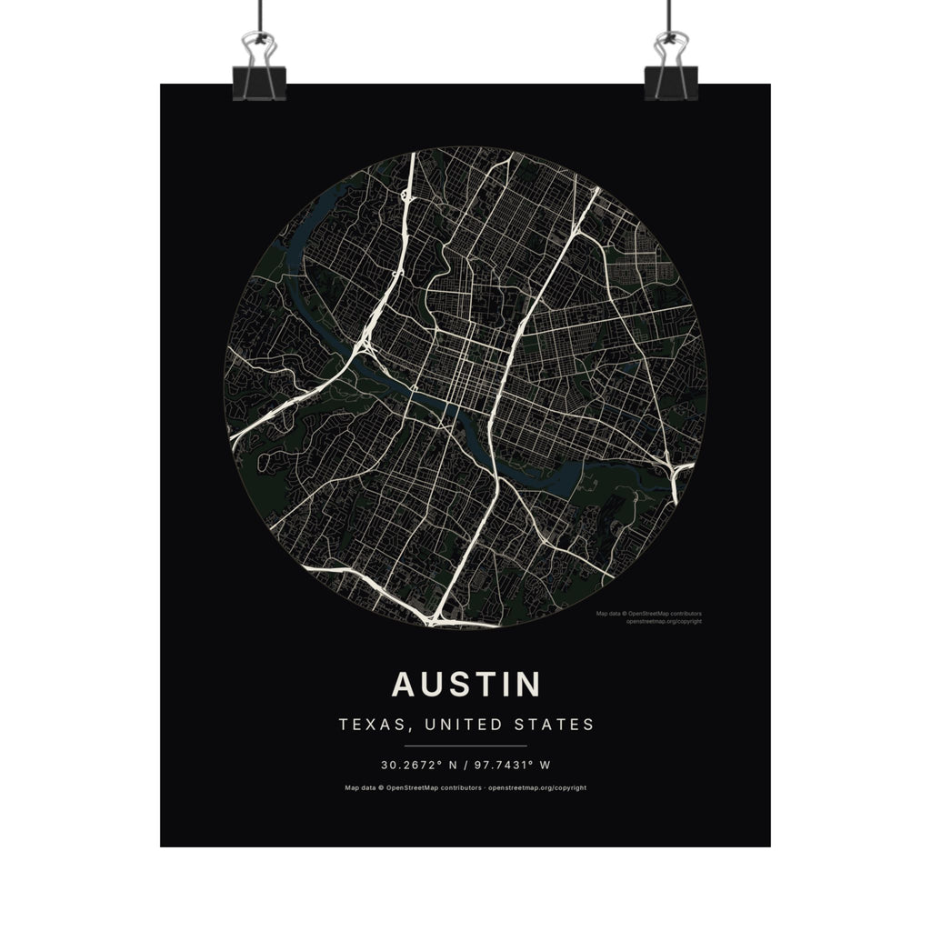 Austin, Texas City Map Print — Noir Black Street Map Wall Art