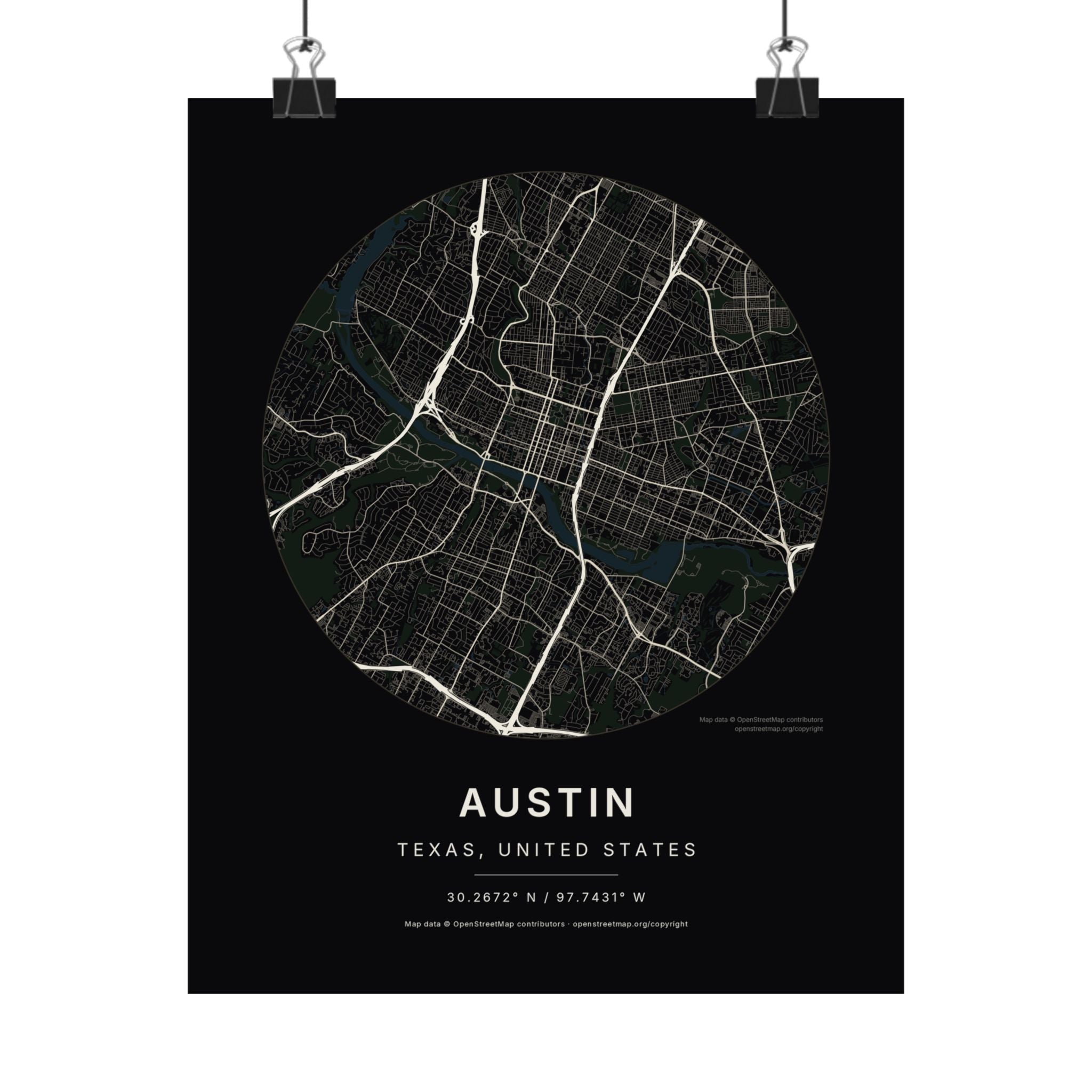 Austin, Texas City Map Print — Noir Black Street Map Wall Art