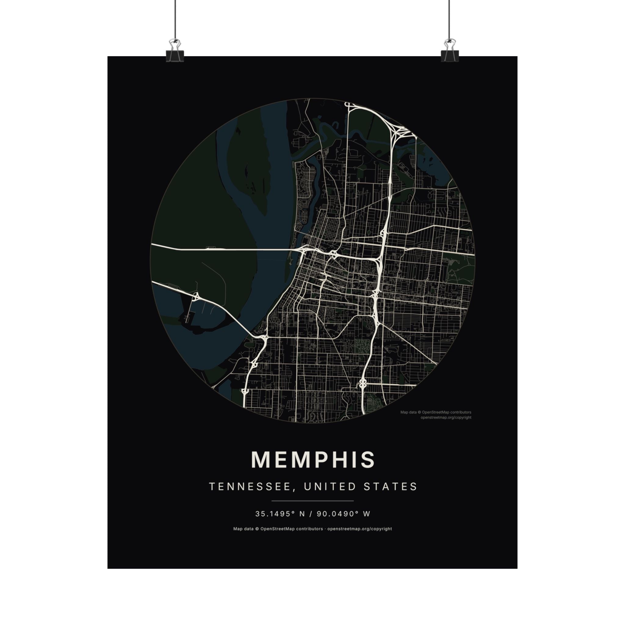 Memphis, Tennessee City Map Print — Noir Black Street Map Wall Art