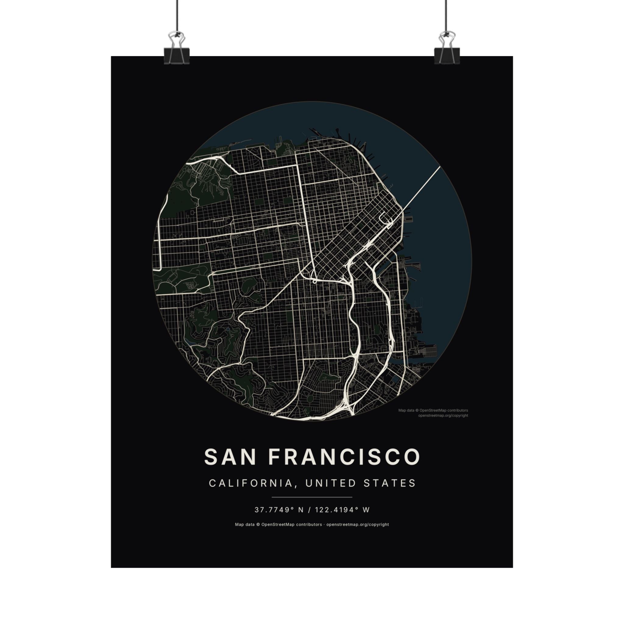 San Francisco, California City Map Print — Noir Black Street Map Wall Art