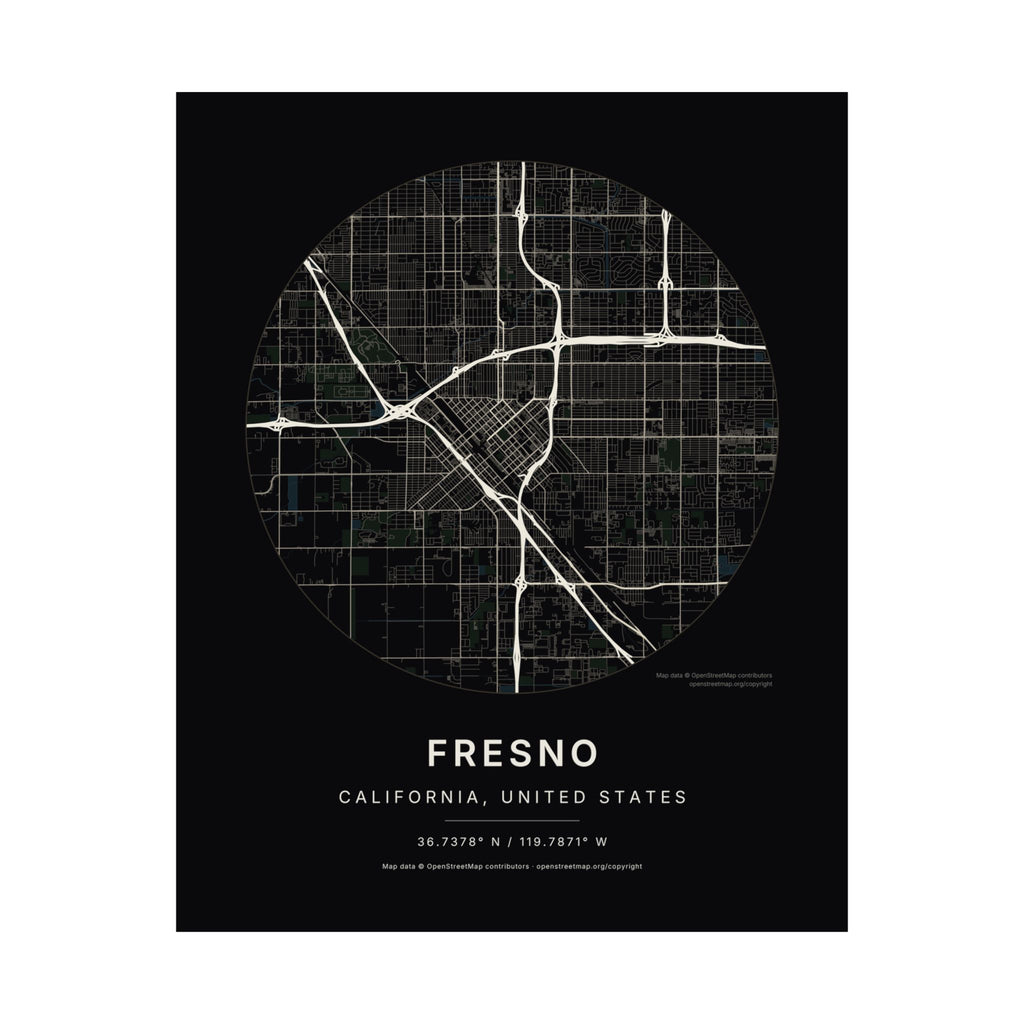 Fresno, California City Map Print — Noir Black Street Map Wall Art