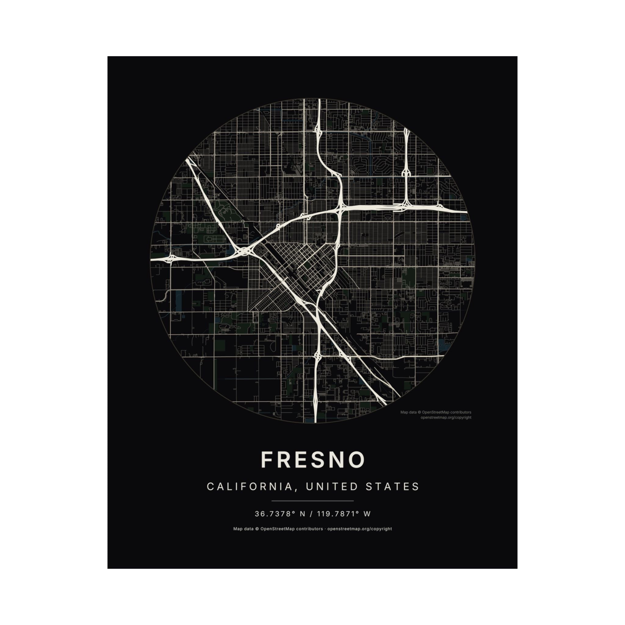 Fresno, California City Map Print — Noir Black Street Map Wall Art