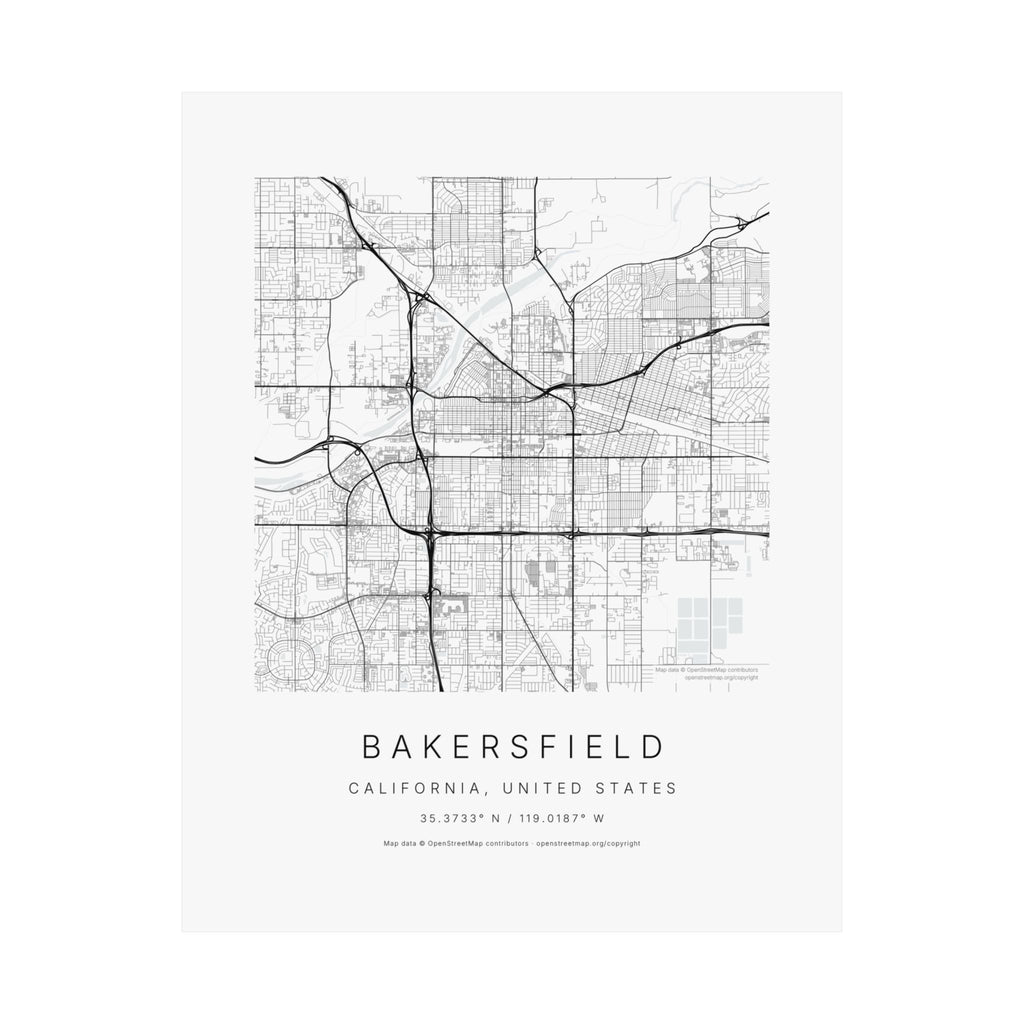 Bakersfield, California City Map Print — Minimalist Street Map Wall Art