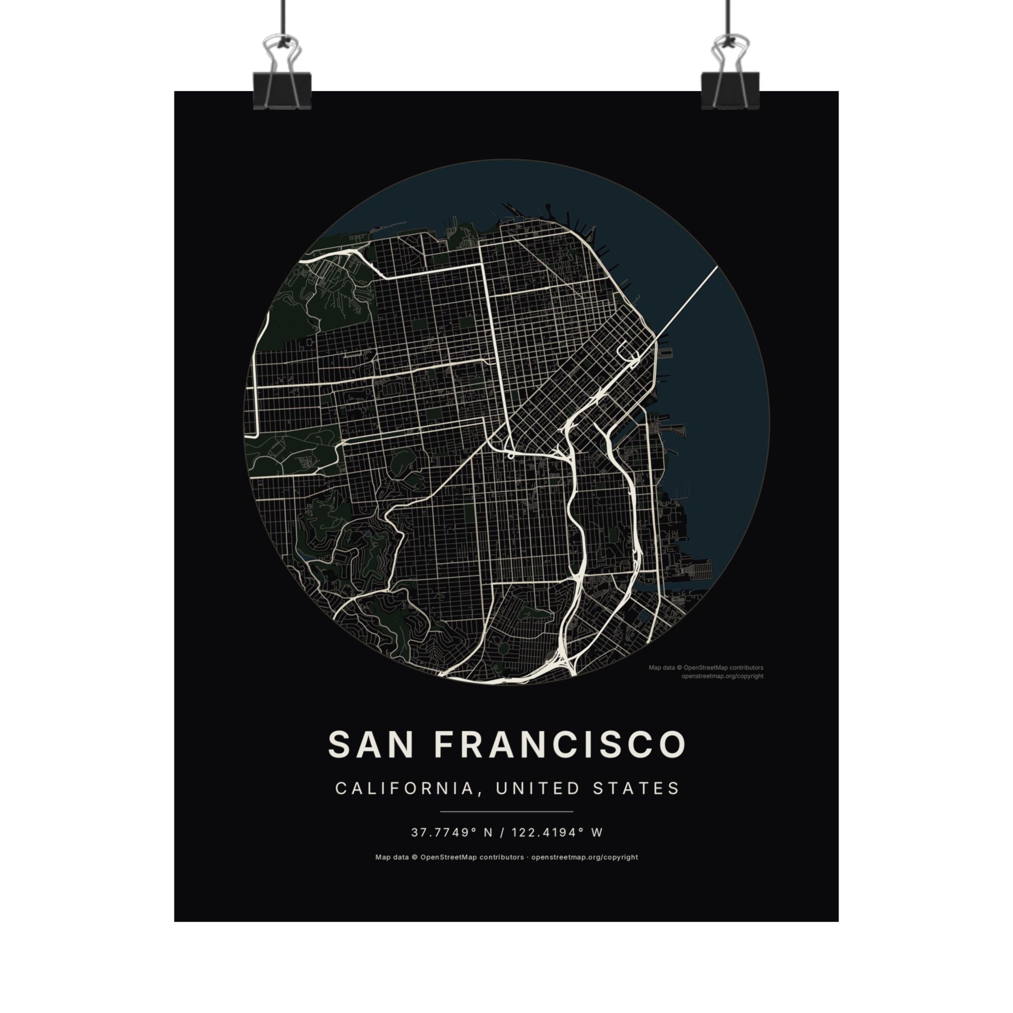 San Francisco, California City Map Print — Noir Black Street Map Wall Art