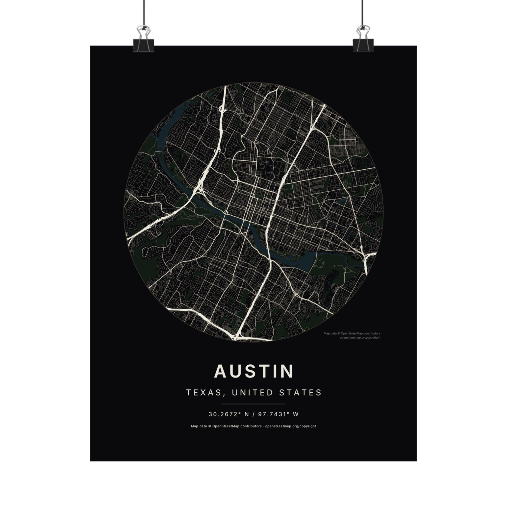 Austin, Texas City Map Print — Noir Black Street Map Wall Art