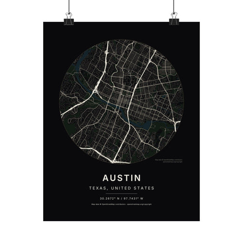 Austin, Texas City Map Print — Noir Black Street Map Wall Art