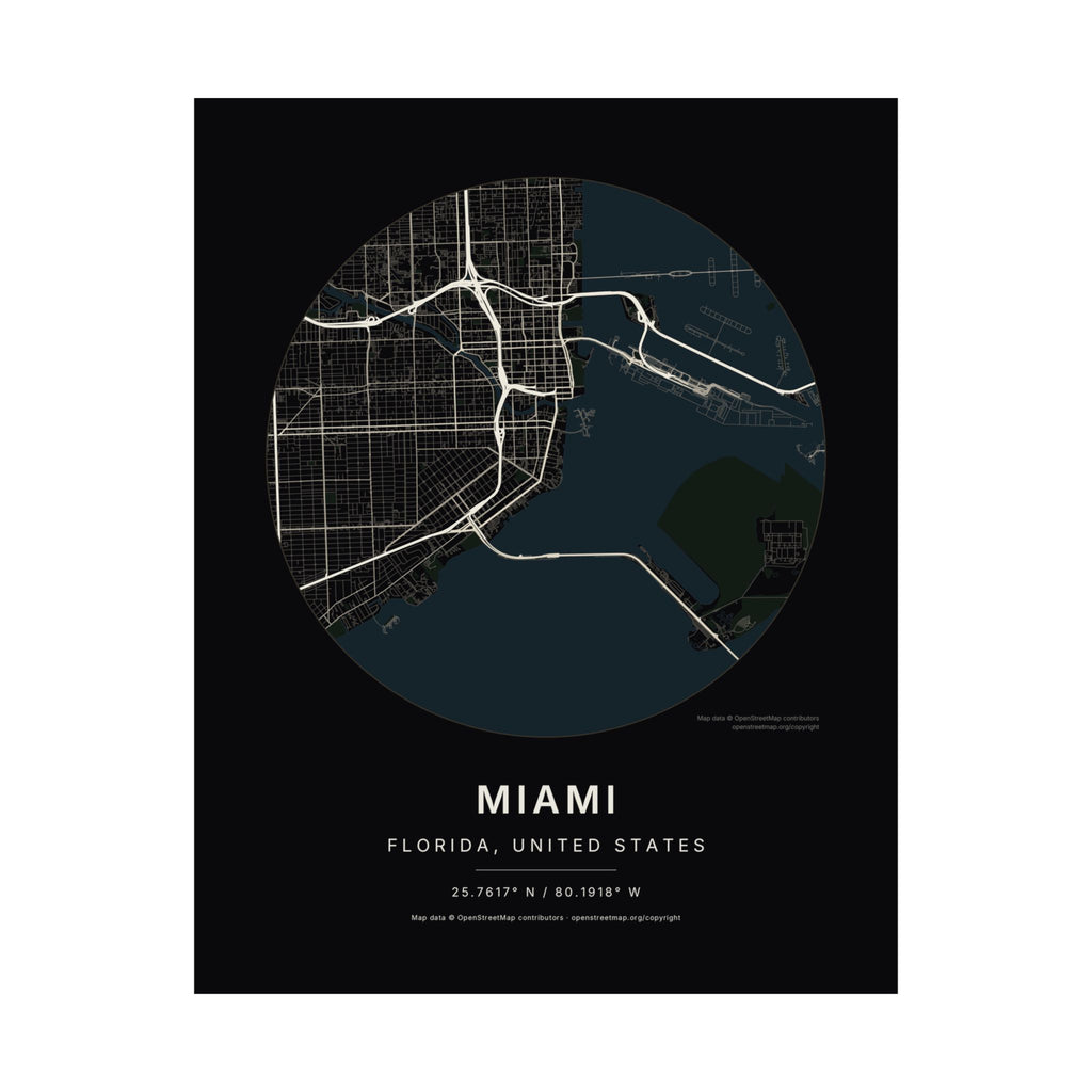 Miami, Florida City Map Print — Noir Black Street Map Wall Art