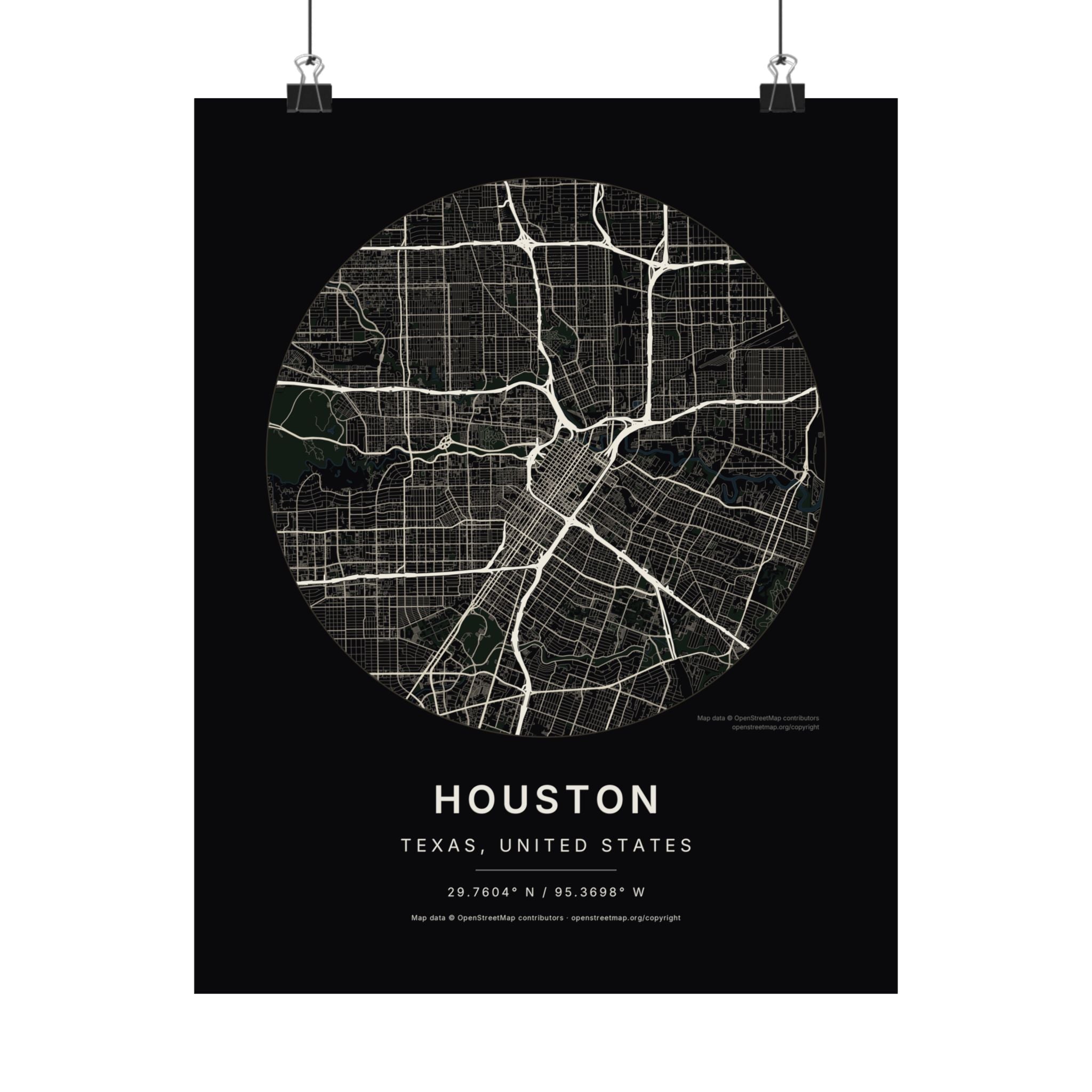Houston, Texas City Map Print — Noir Black Street Map Wall Art