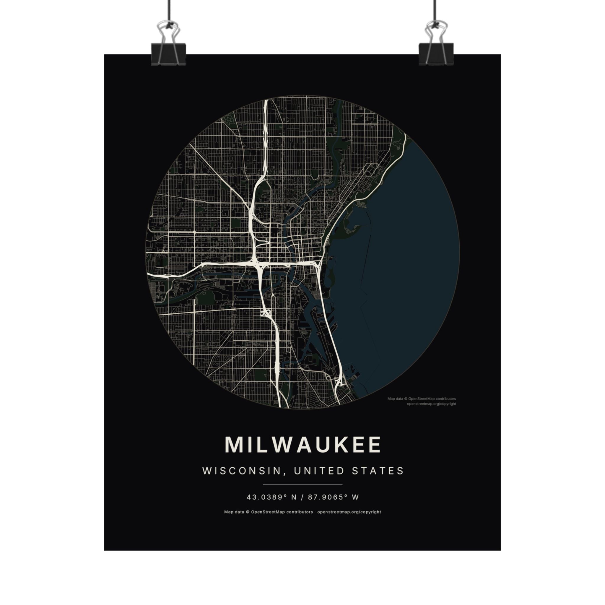 Milwaukee, Wisconsin City Map Print — Noir Black Street Map Wall Art