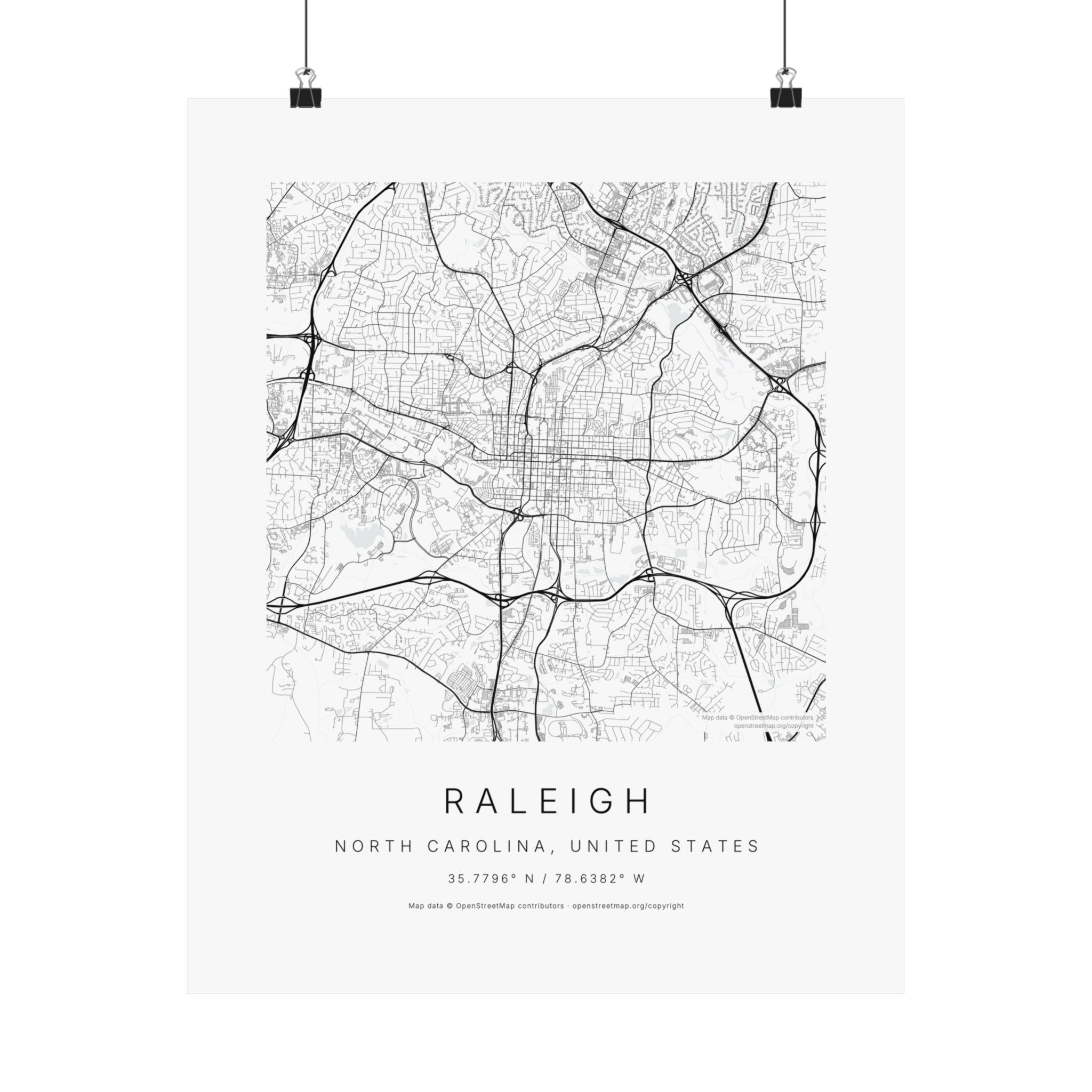 Raleigh, North Carolina City Map Print — Minimalist Street Map Wall Art