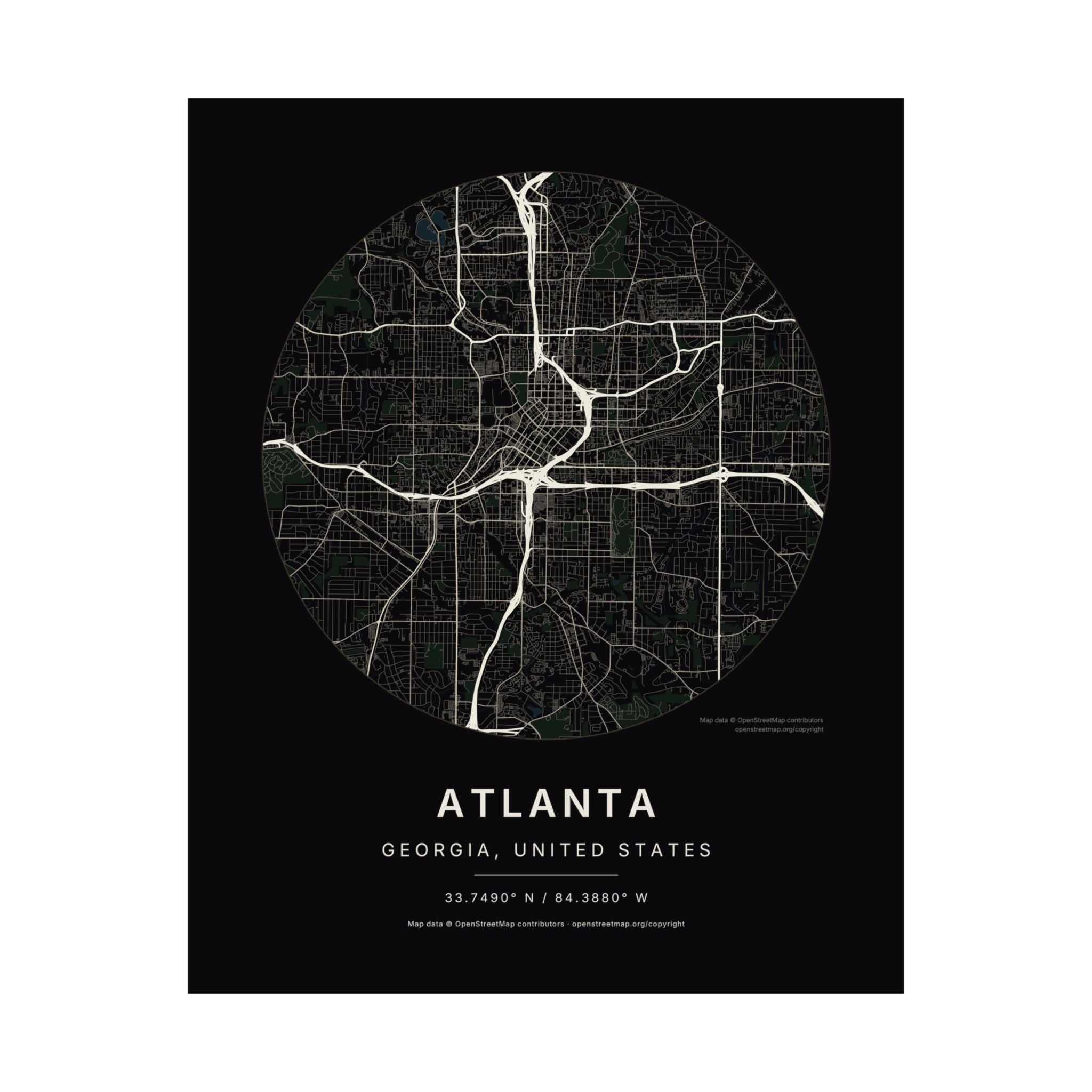 Atlanta, Georgia City Map Print — Noir Black Street Map Wall Art