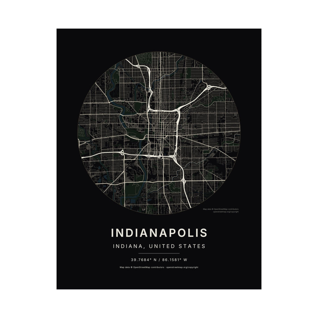 Indianapolis, Indiana City Map Print — Noir Black Street Map Wall Art