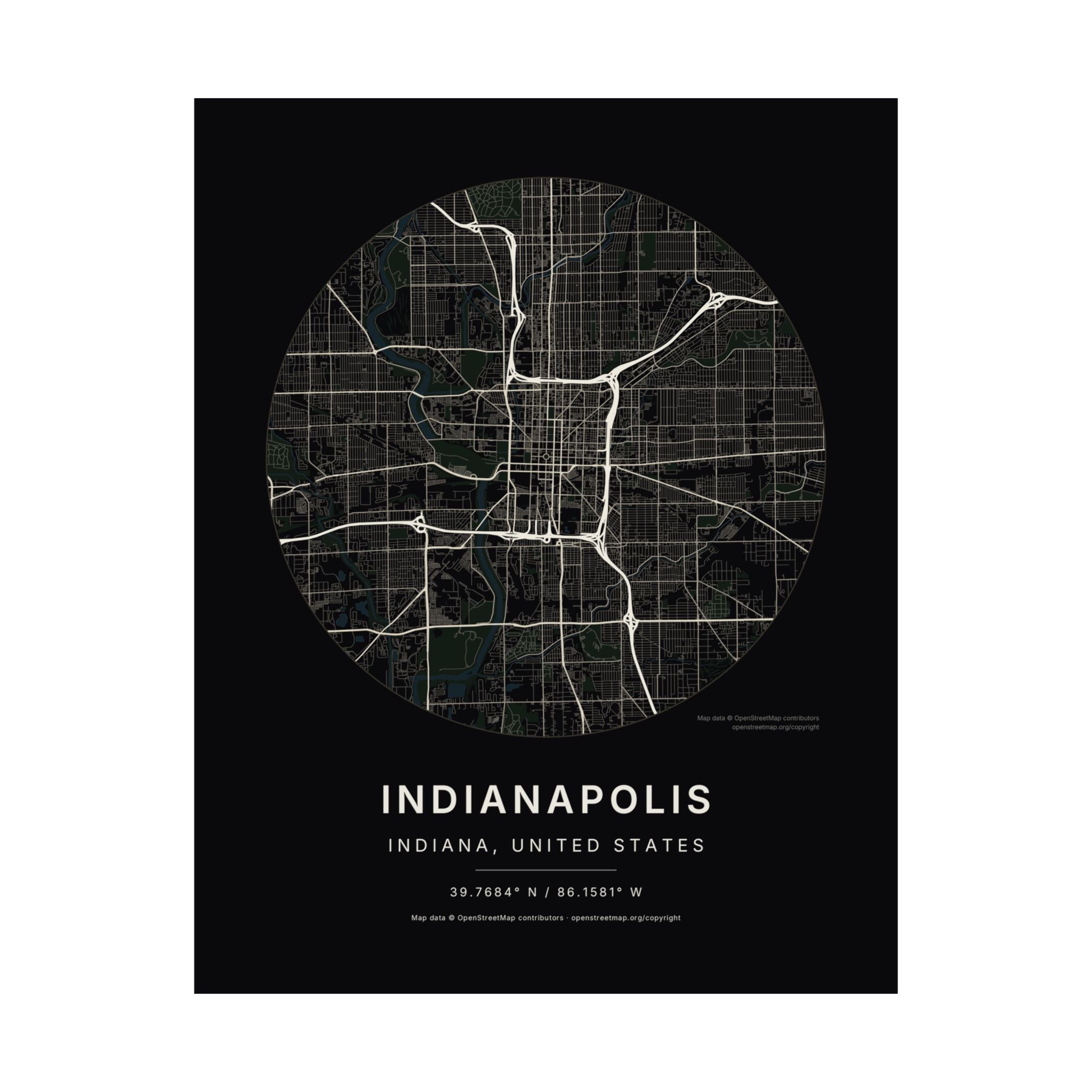 Indianapolis, Indiana City Map Print — Noir Black Street Map Wall Art