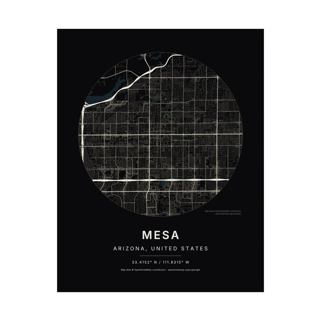 Mesa, Arizona City Map Print — Noir Black Street Map Wall Art