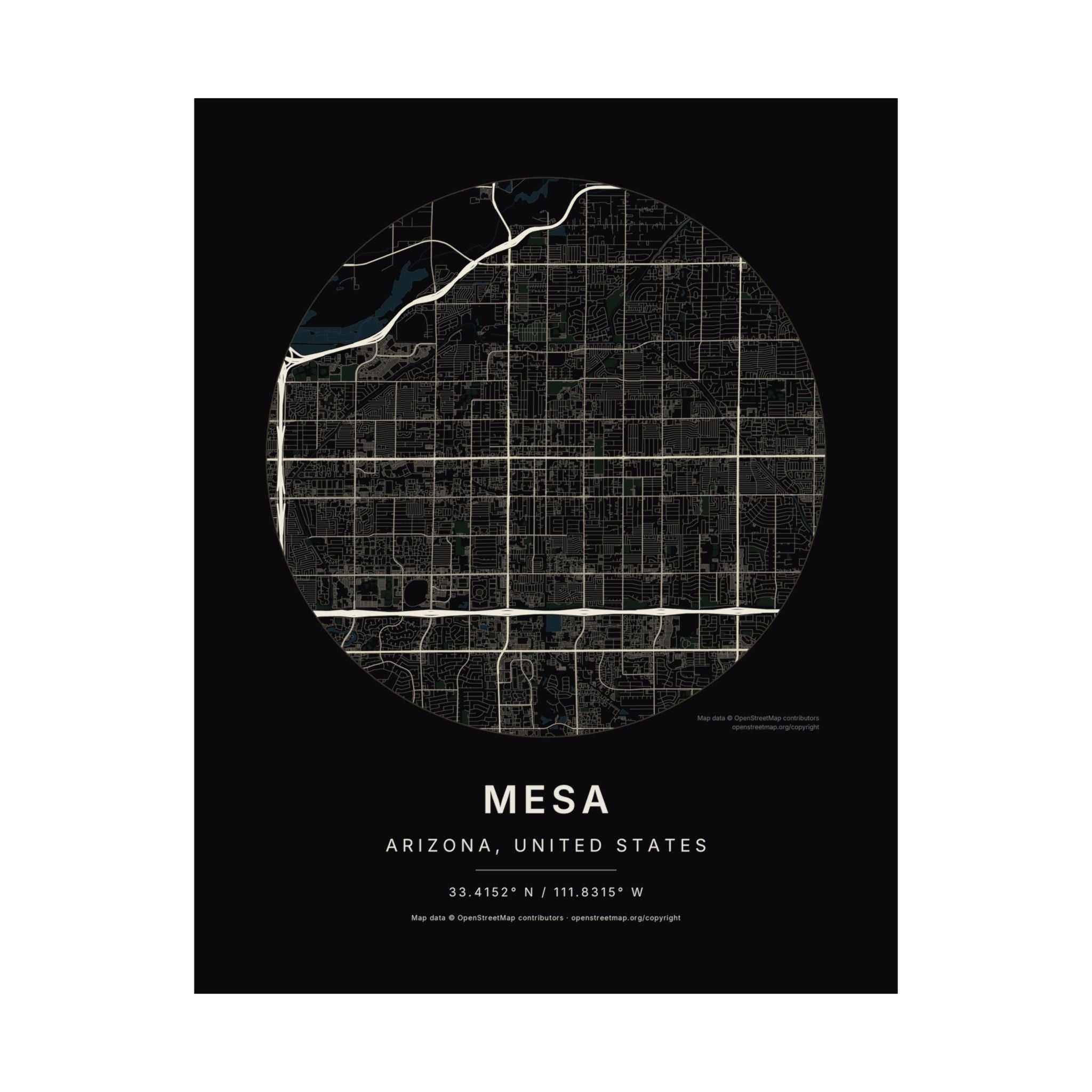 Mesa, Arizona City Map Print — Noir Black Street Map Wall Art