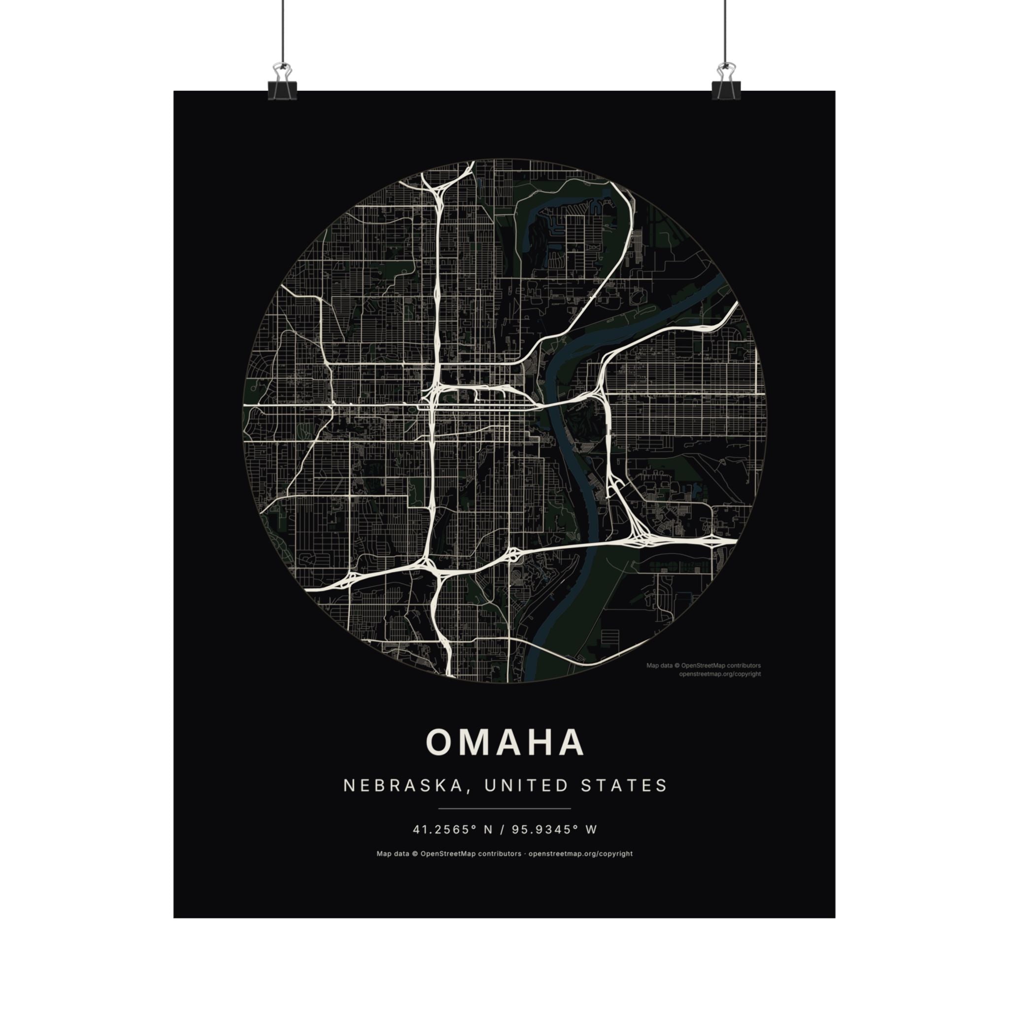 Omaha, Nebraska City Map Print — Noir Black Street Map Wall Art