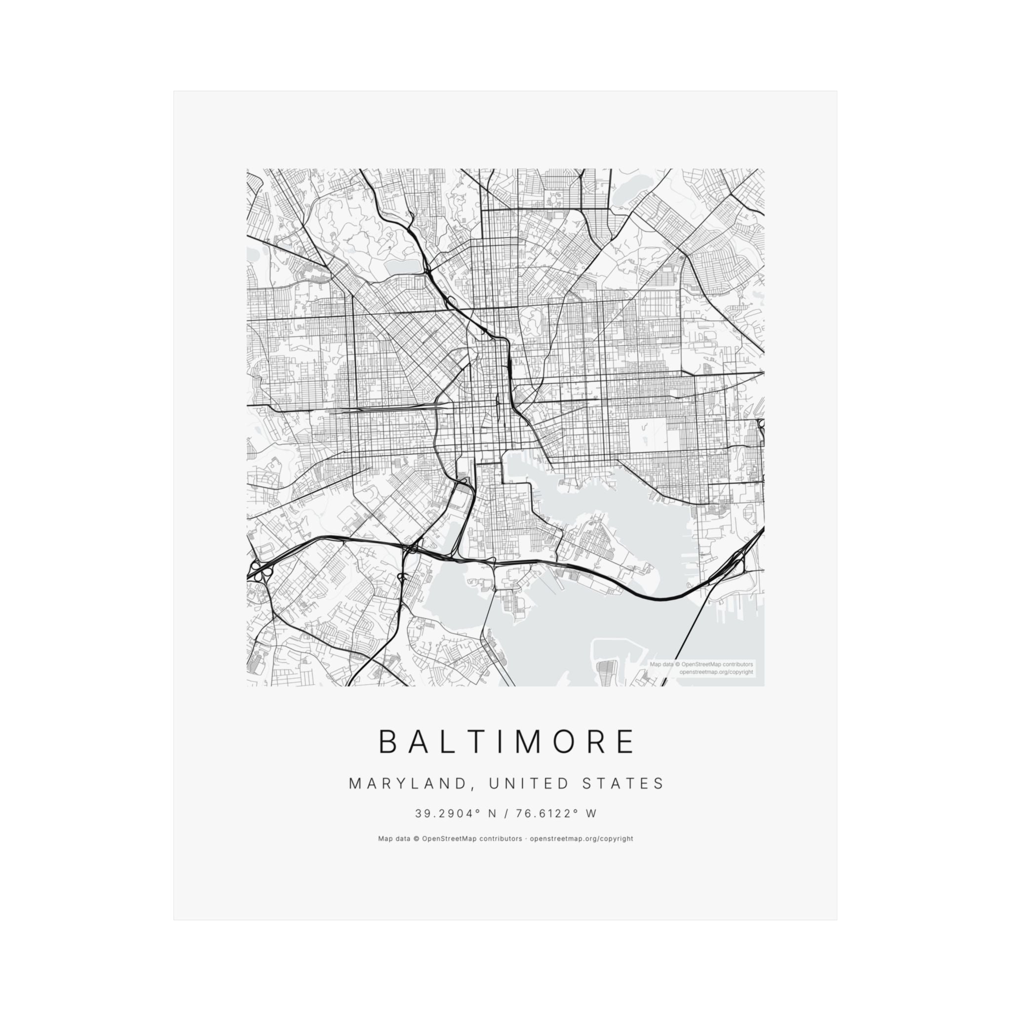 Baltimore, Maryland City Map Print — Minimalist Street Map Wall Art