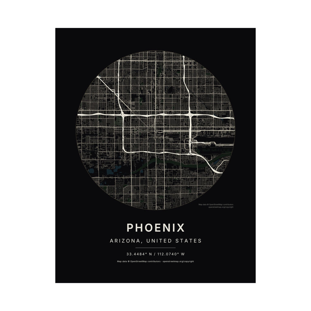 Phoenix, Arizona City Map Print — Noir Black Street Map Wall Art