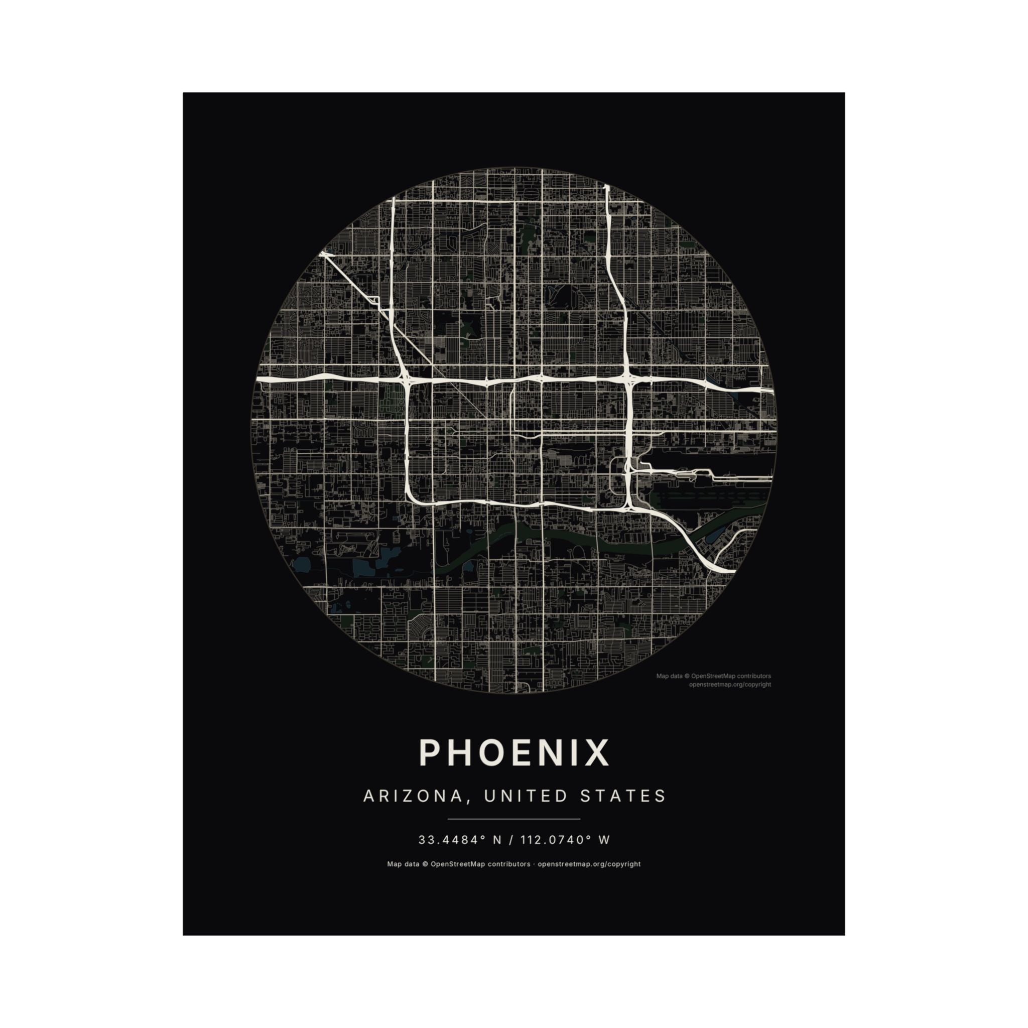 Phoenix, Arizona City Map Print — Noir Black Street Map Wall Art