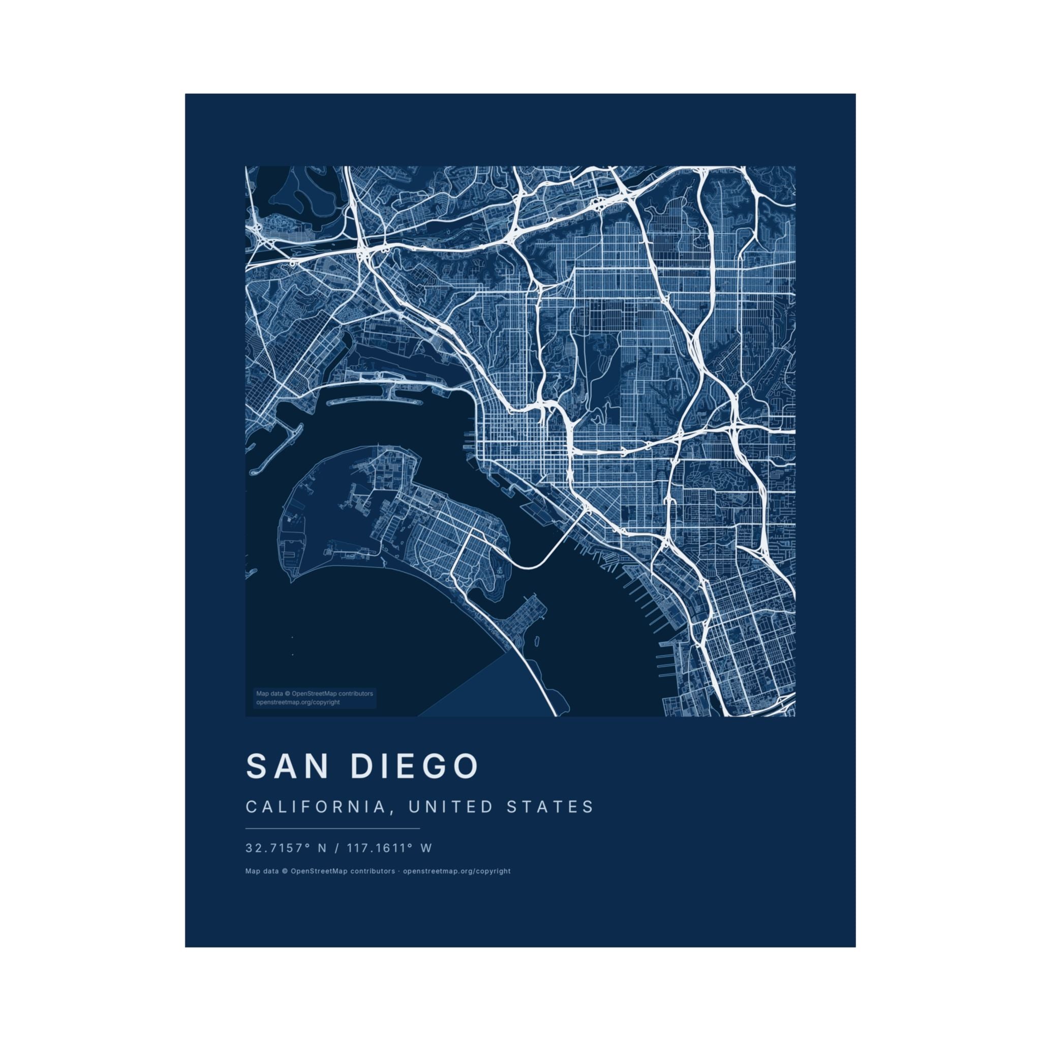 San Diego, California City Map Print — Blueprint Navy Street Map Wall Art