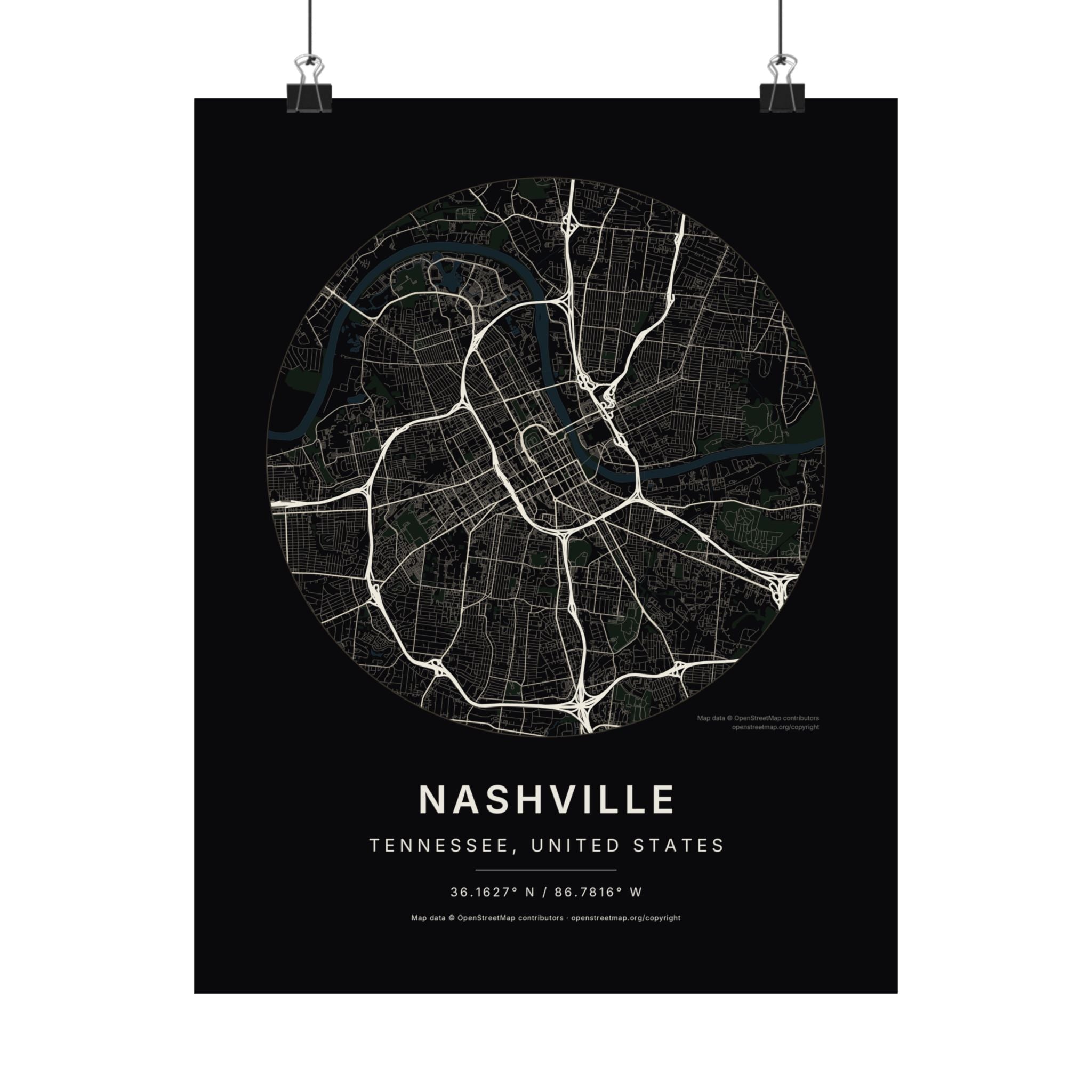Nashville, Tennessee City Map Print — Noir Black Street Map Wall Art