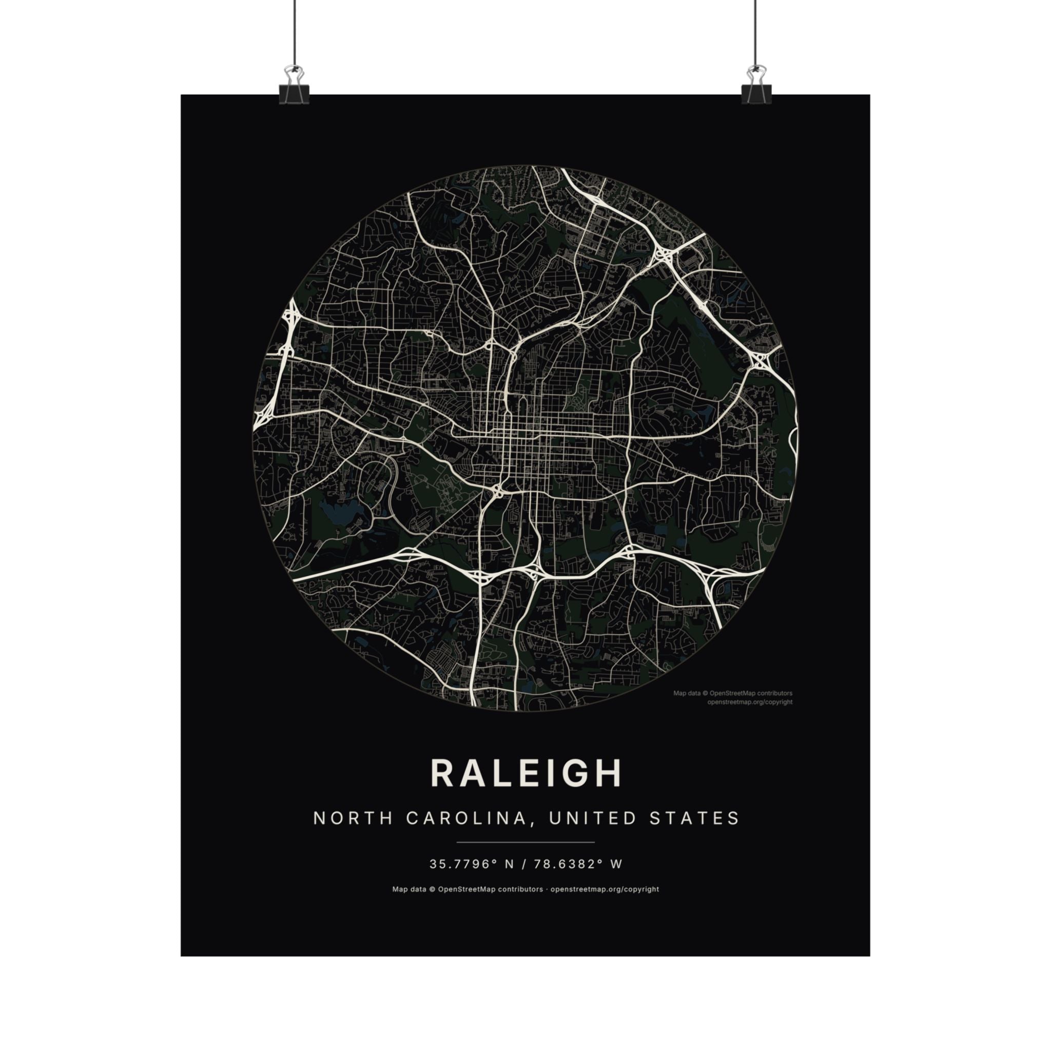 Raleigh, North Carolina City Map Print — Noir Black Street Map Wall Art