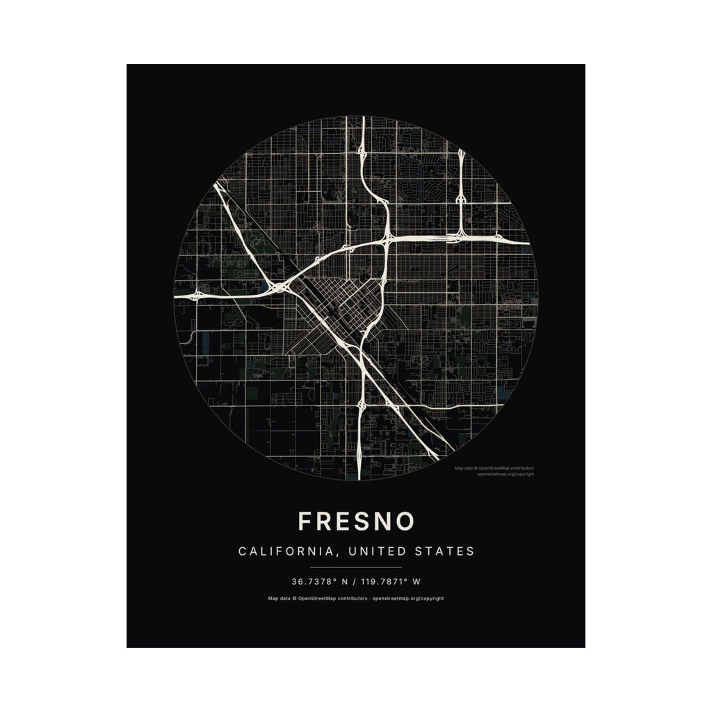 Fresno, California City Map Print — Noir Black Street Map Wall Art