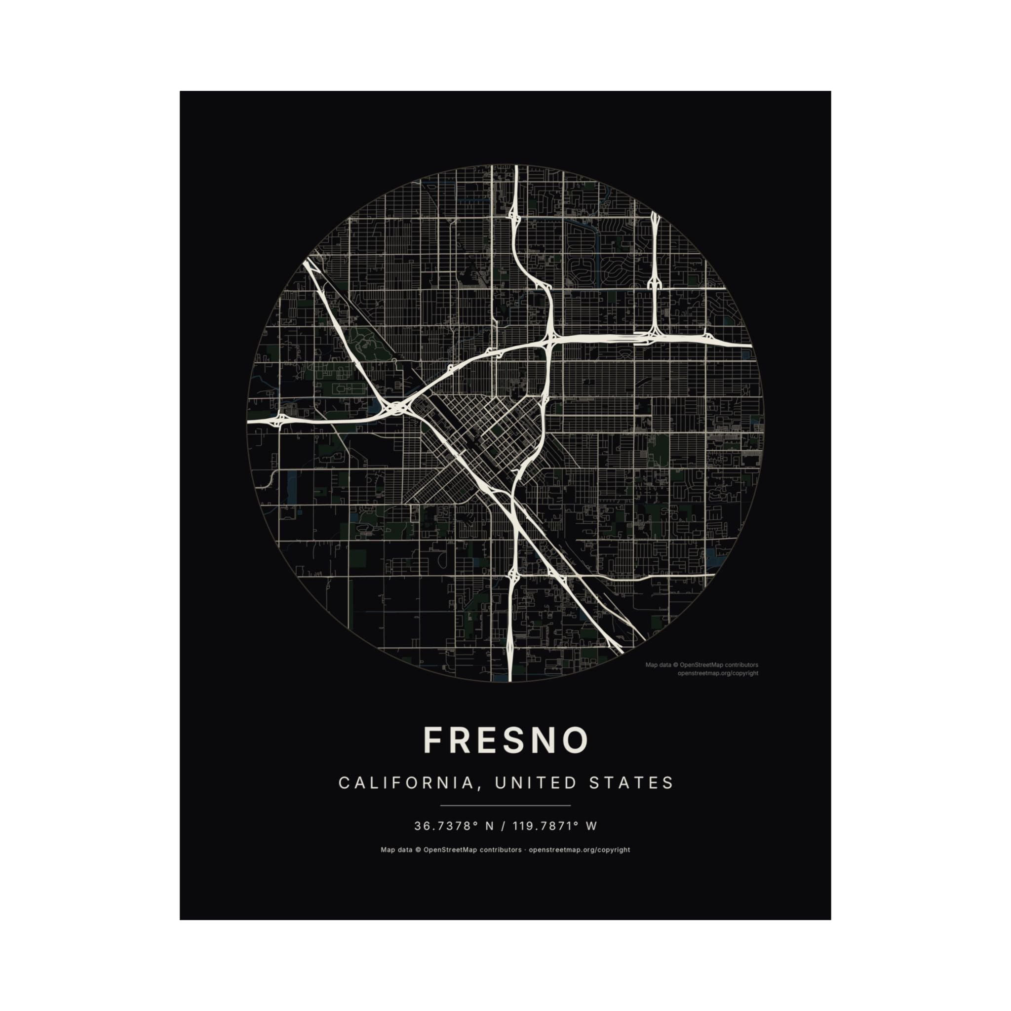 Fresno, California City Map Print — Noir Black Street Map Wall Art