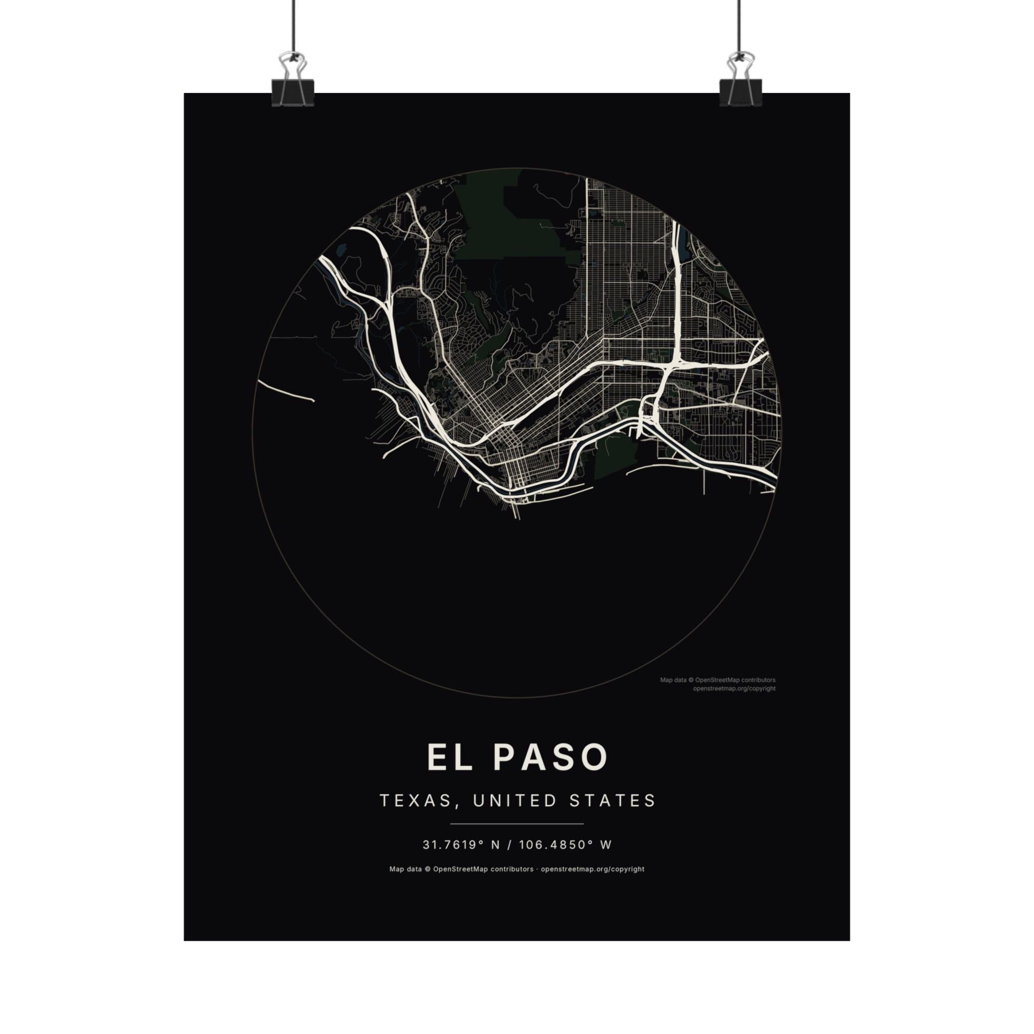 El Paso, Texas City Map Print — Noir Black Street Map Wall Art