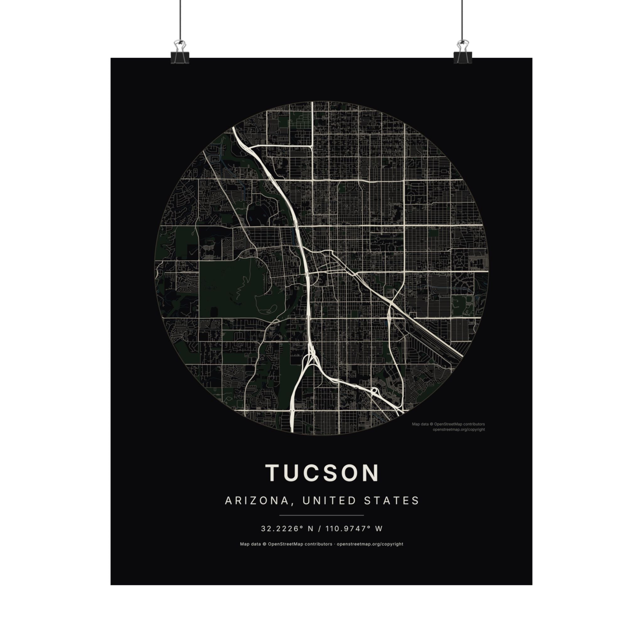Tucson, Arizona City Map Print — Noir Black Street Map Wall Art