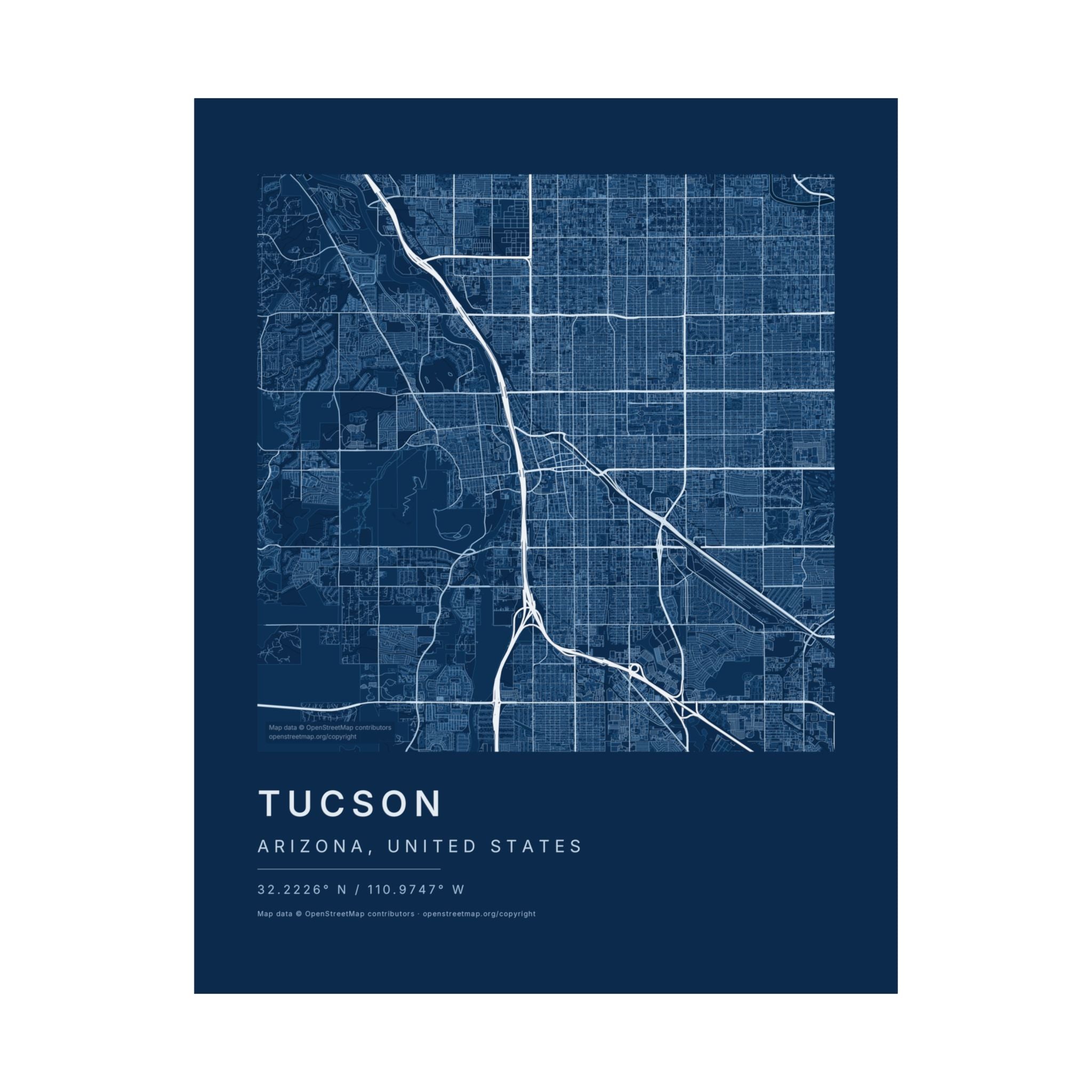 Tucson, Arizona City Map Print — Blueprint Navy Street Map Wall Art