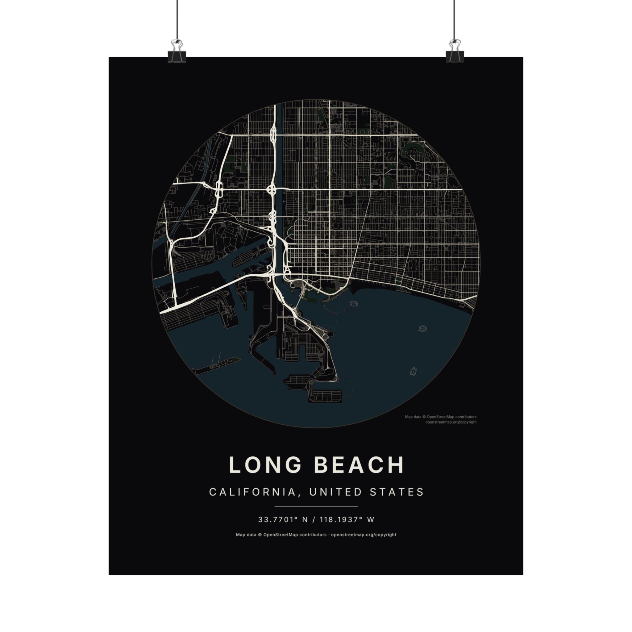 Long Beach, California City Map Print — Noir Black Street Map Wall Art