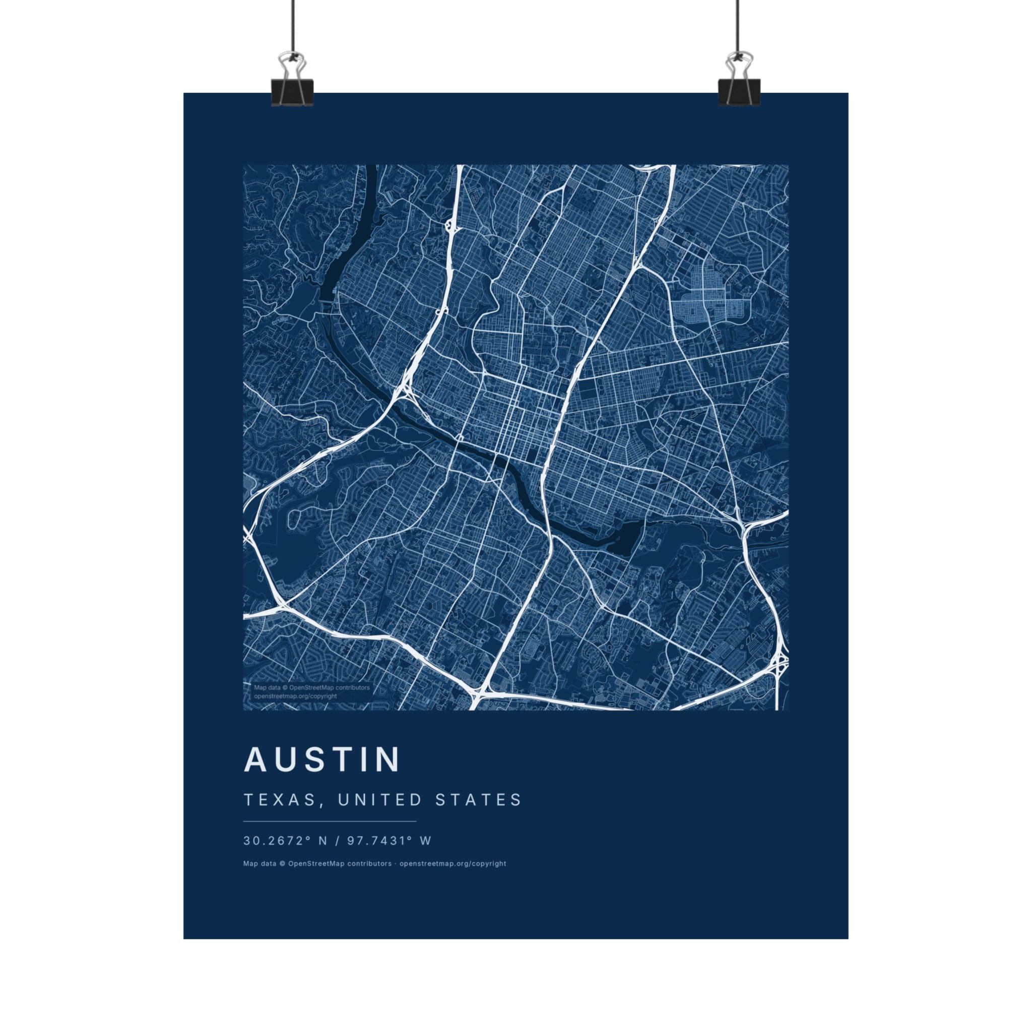 Austin, Texas City Map Print — Blueprint Navy Street Map Wall Art