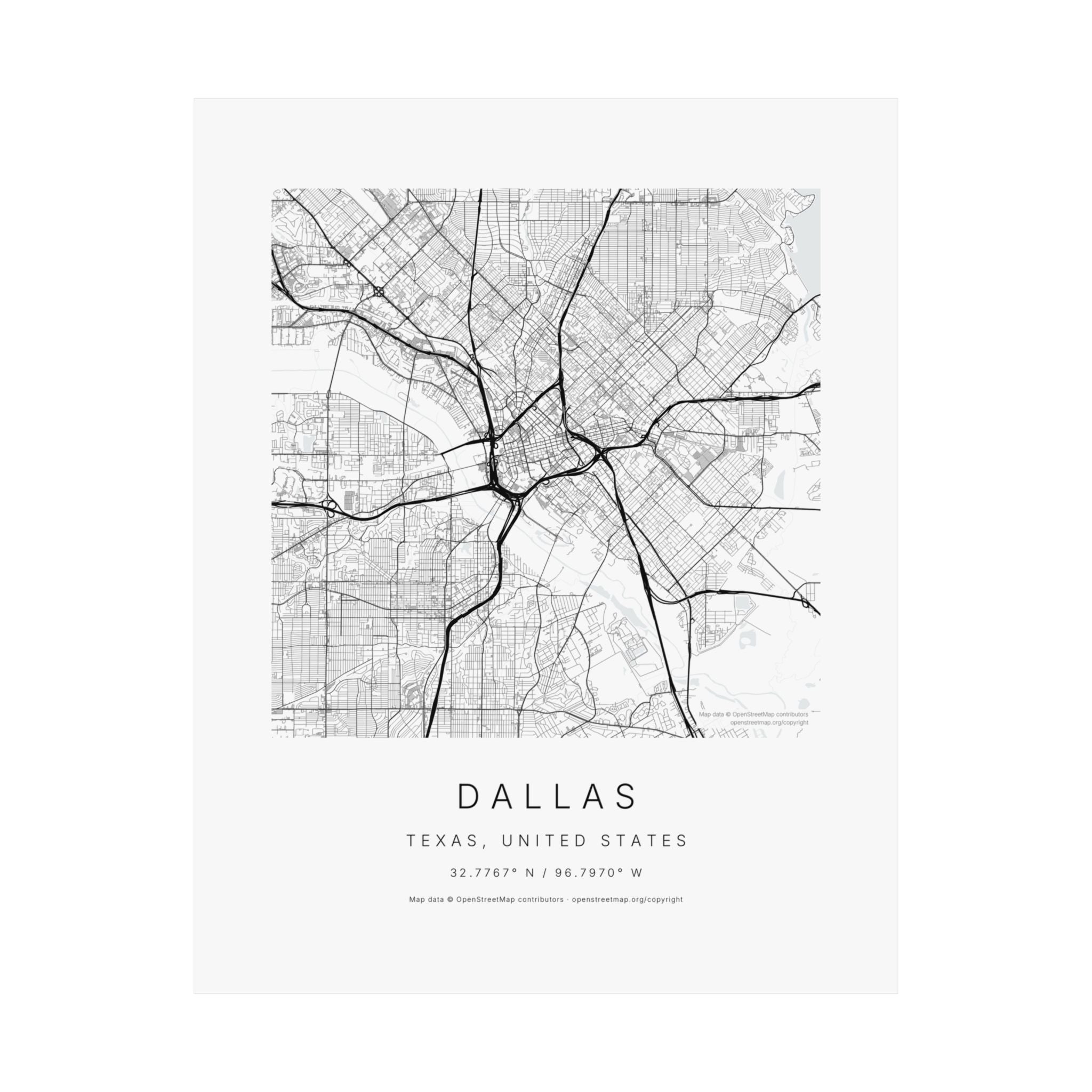 Dallas, Texas City Map Print — Minimalist Street Map Wall Art