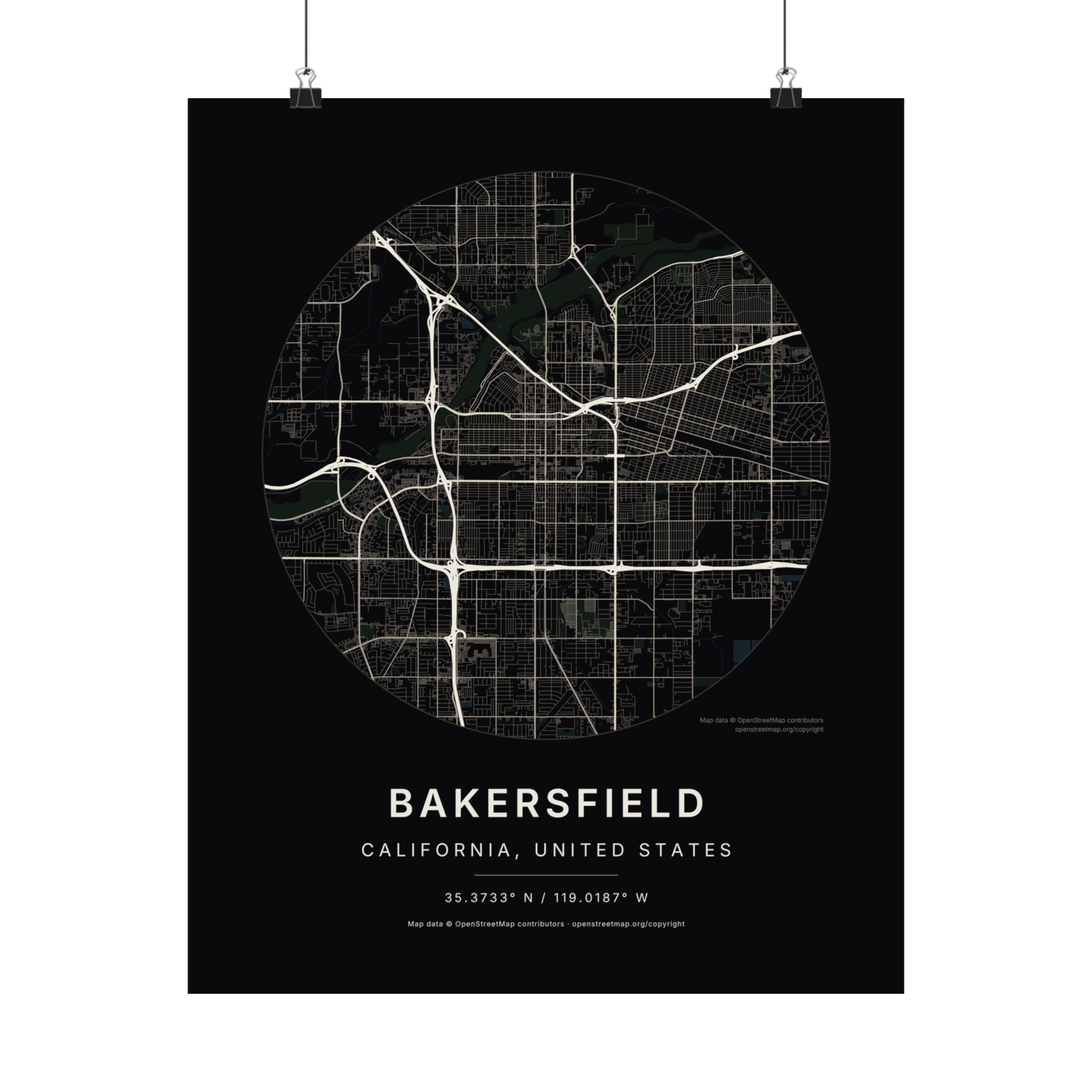 Bakersfield, California City Map Print — Noir Black Street Map Wall Art