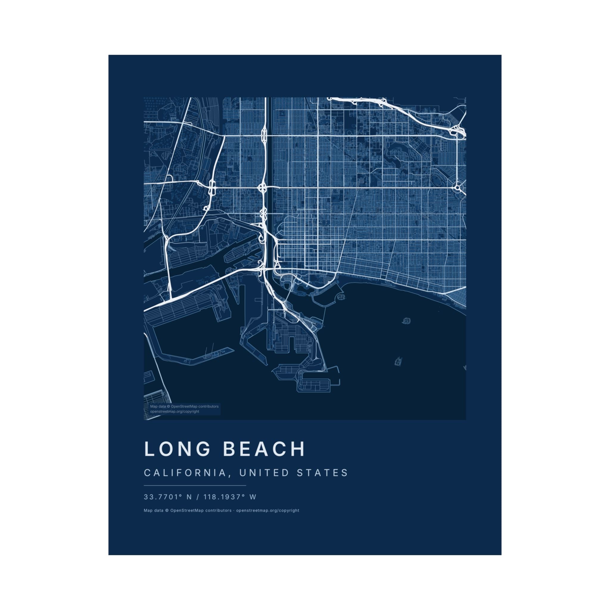 Long Beach, California City Map Print — Blueprint Navy Street Map Wall Art