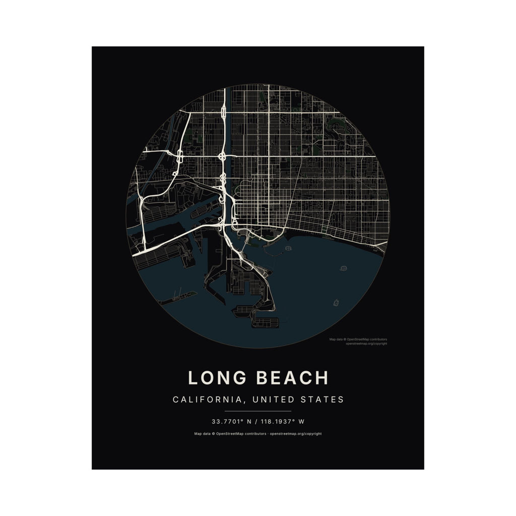 Long Beach, California City Map Print — Noir Black Street Map Wall Art