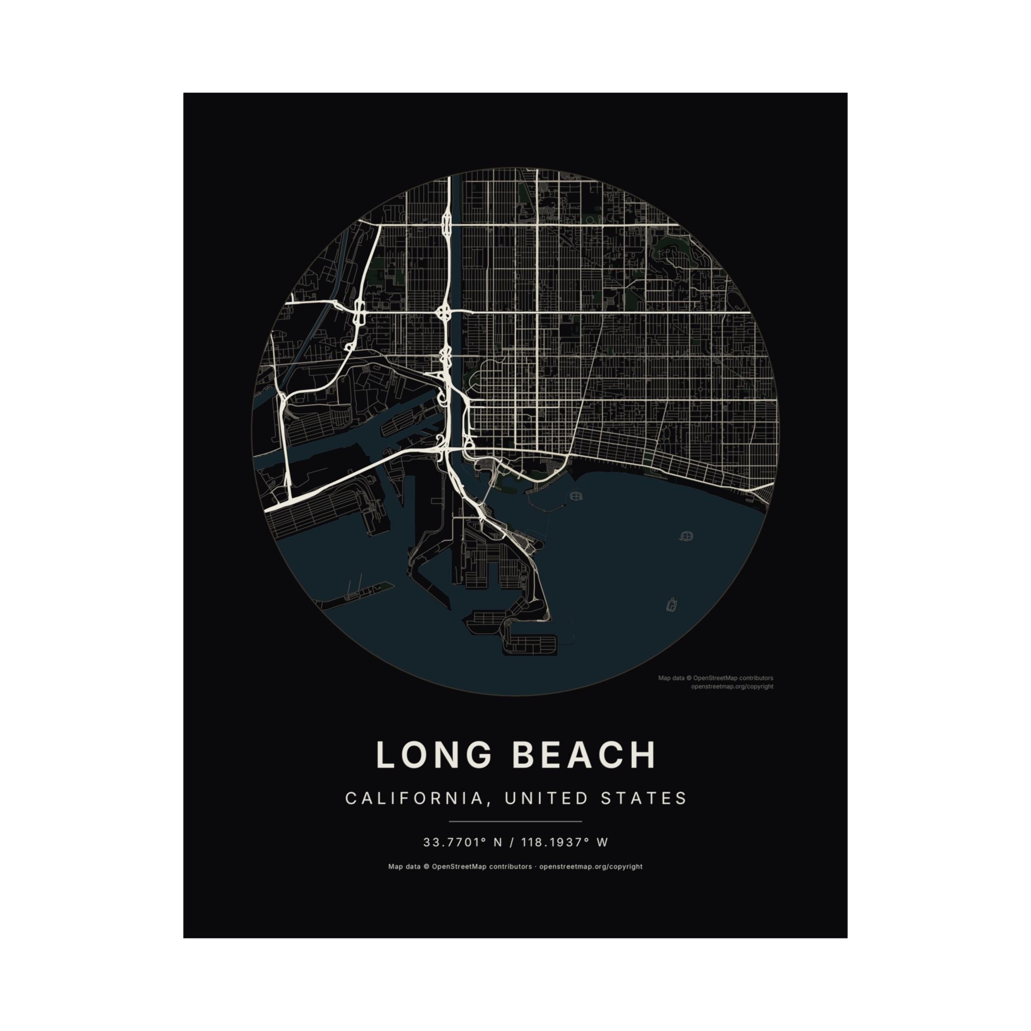 Long Beach, California City Map Print — Noir Black Street Map Wall Art