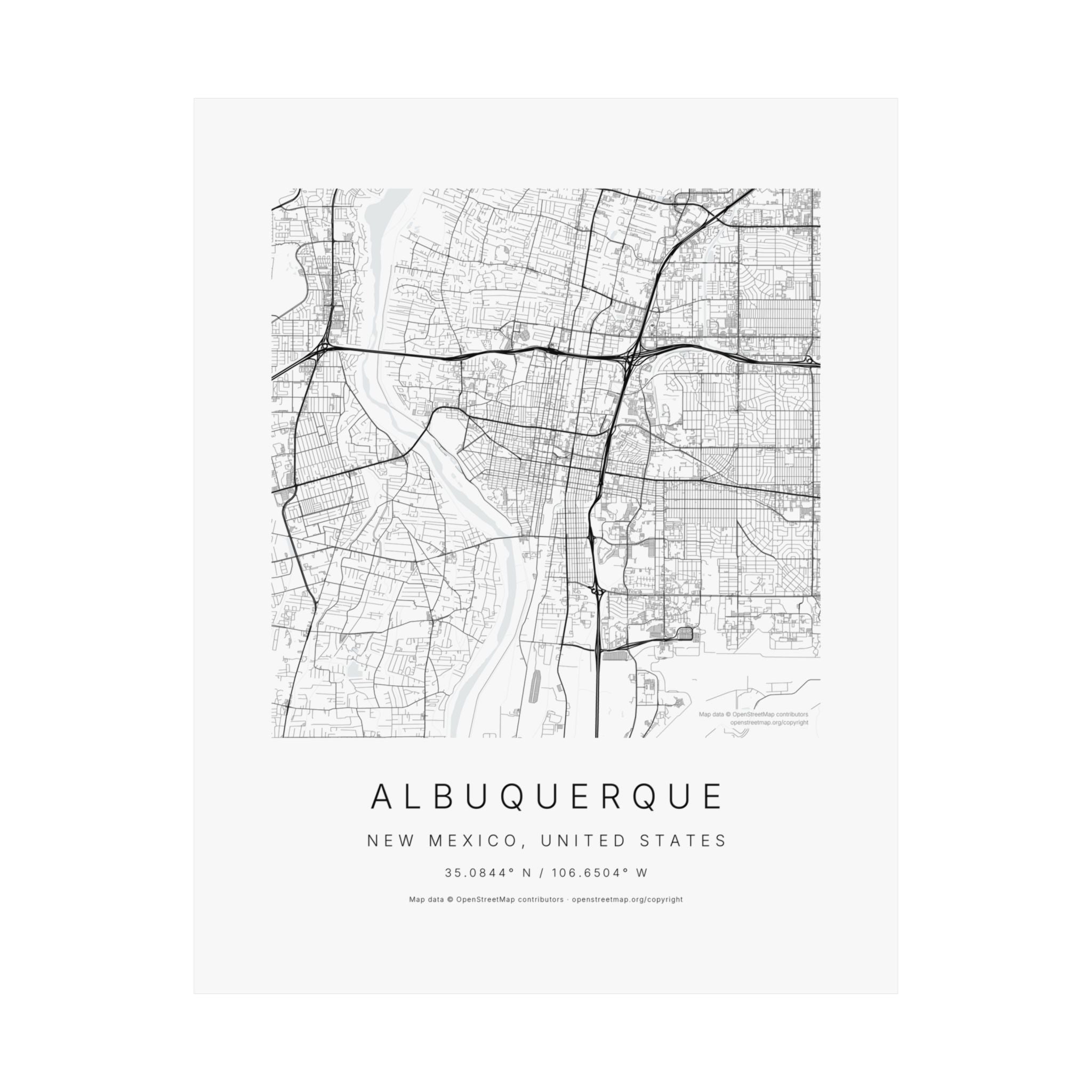 Albuquerque, New Mexico City Map Print — Minimalist Street Map Wall Art