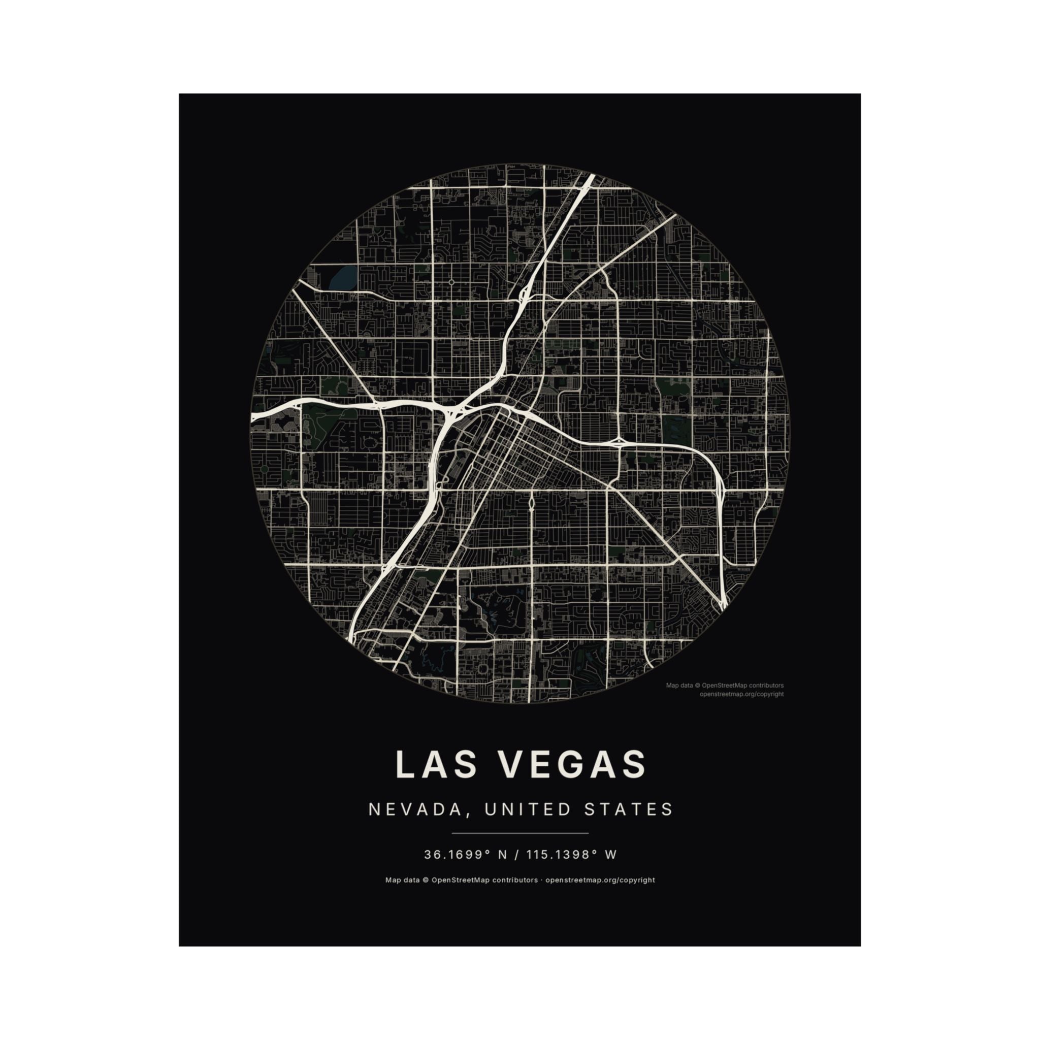 Las Vegas, Nevada City Map Print — Noir Black Street Map Wall Art