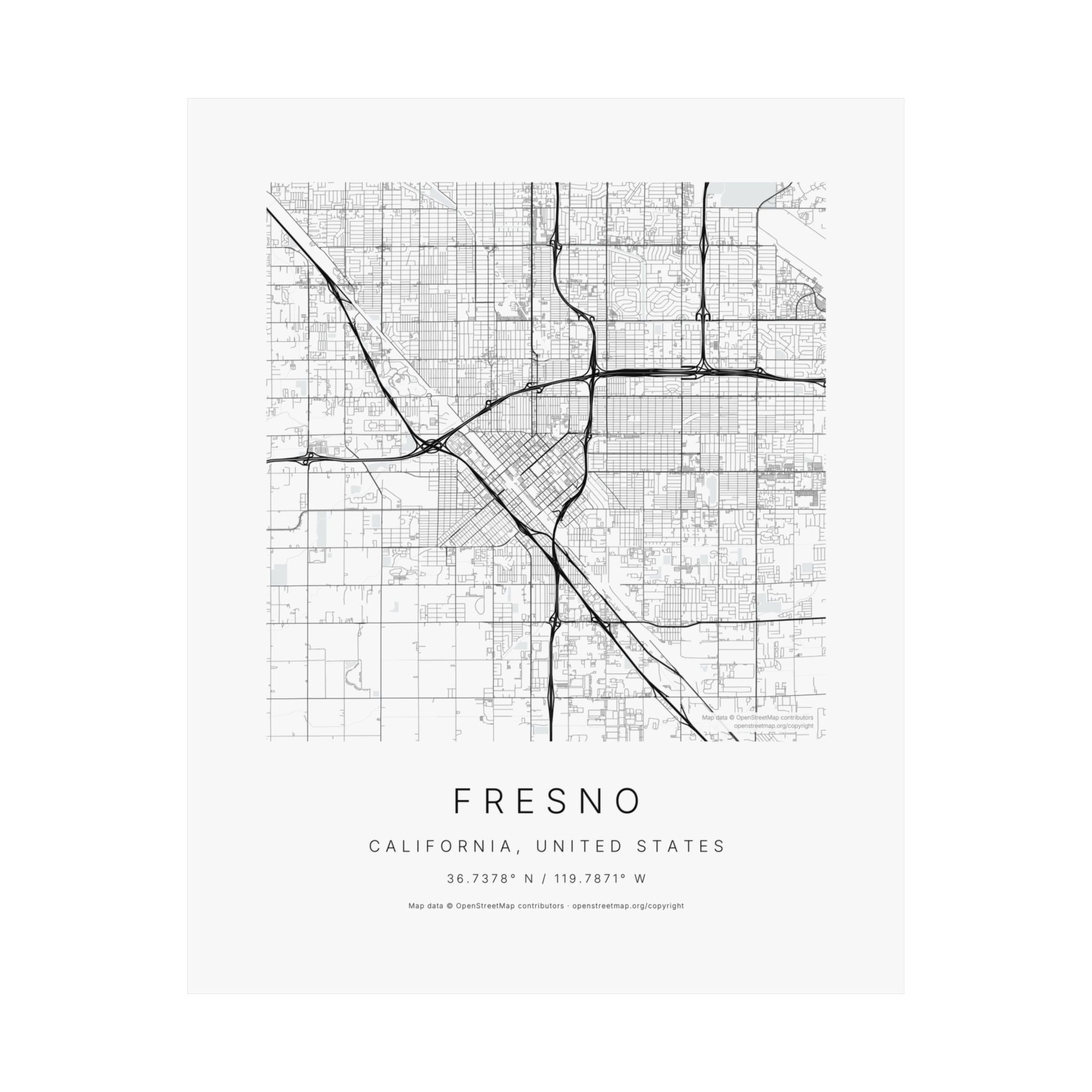 Fresno, California City Map Print — Minimalist Street Map Wall Art
