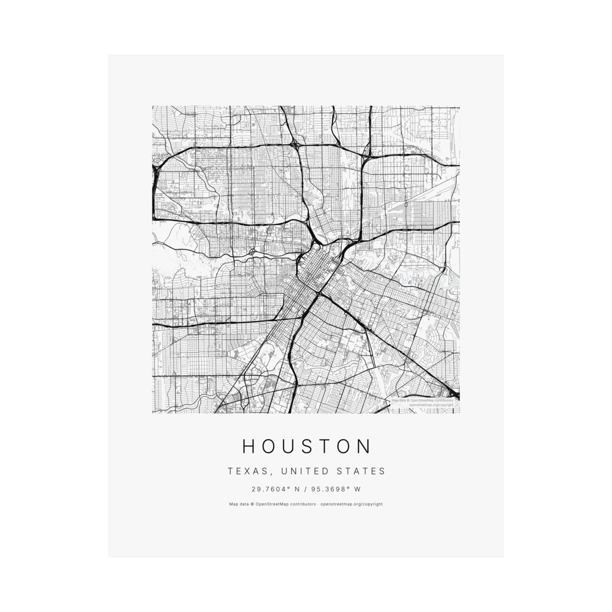 Houston, Texas City Map Print — Minimalist Street Map Wall Art