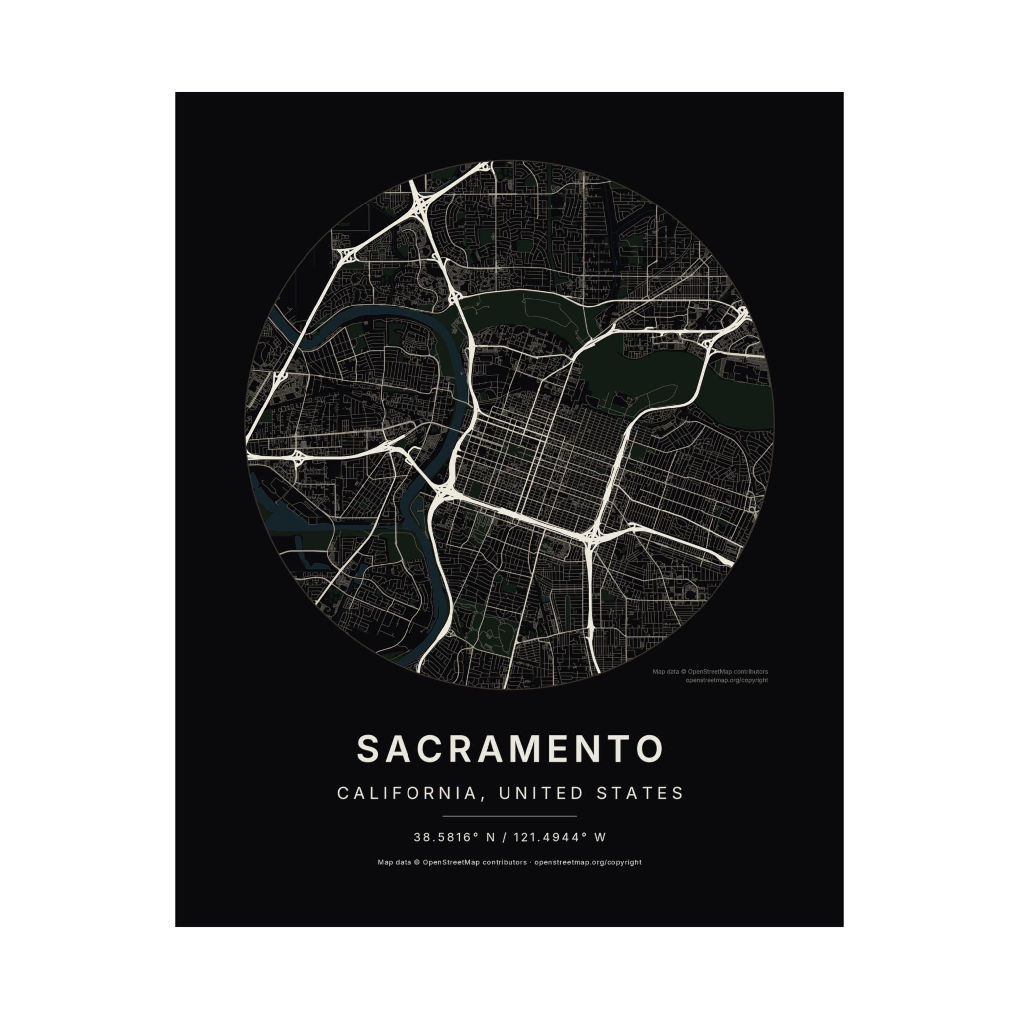 Sacramento, California City Map Print — Noir Black Street Map Wall Art