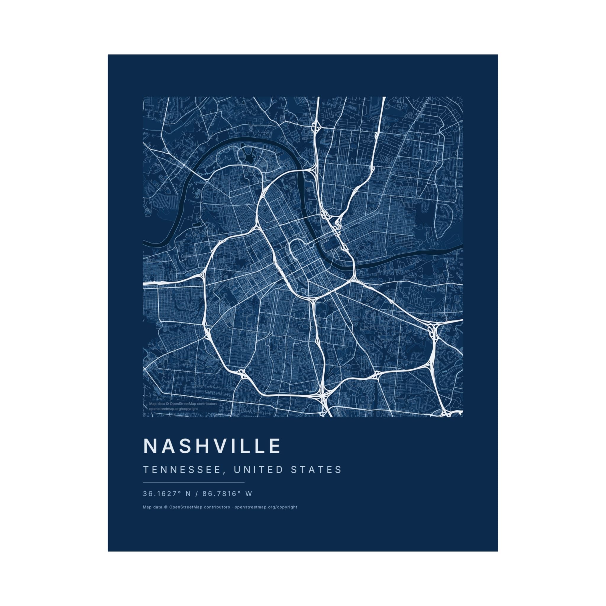 Nashville, Tennessee City Map Print — Blueprint Navy Street Map Wall Art