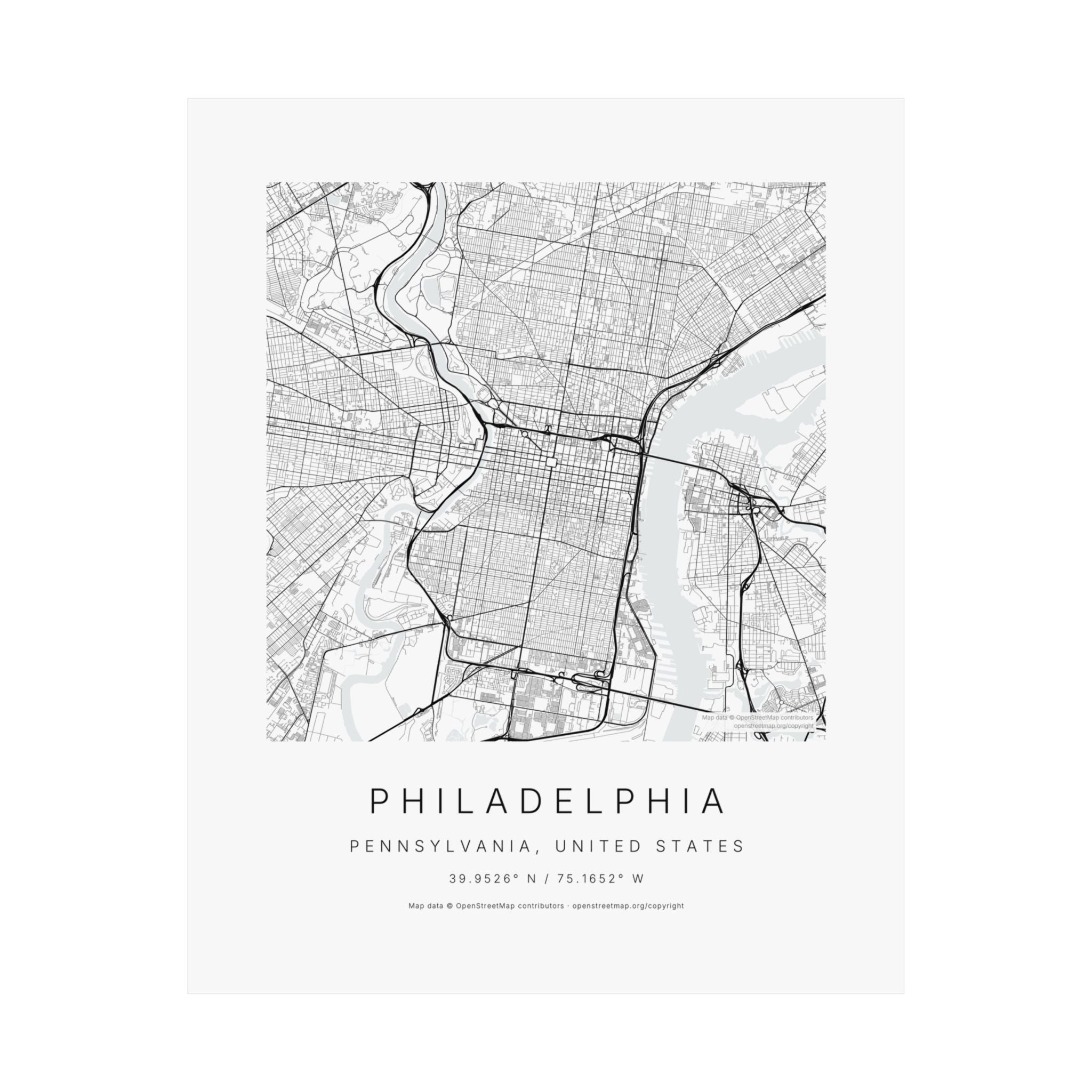 Philadelphia, Pennsylvania City Map Print — Minimalist Street Map Wall Art