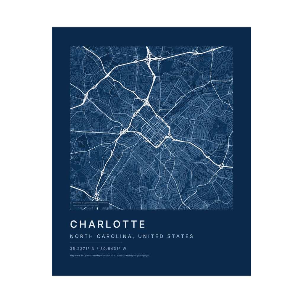 Charlotte, North Carolina City Map Print — Blueprint Navy Street Map Wall Art