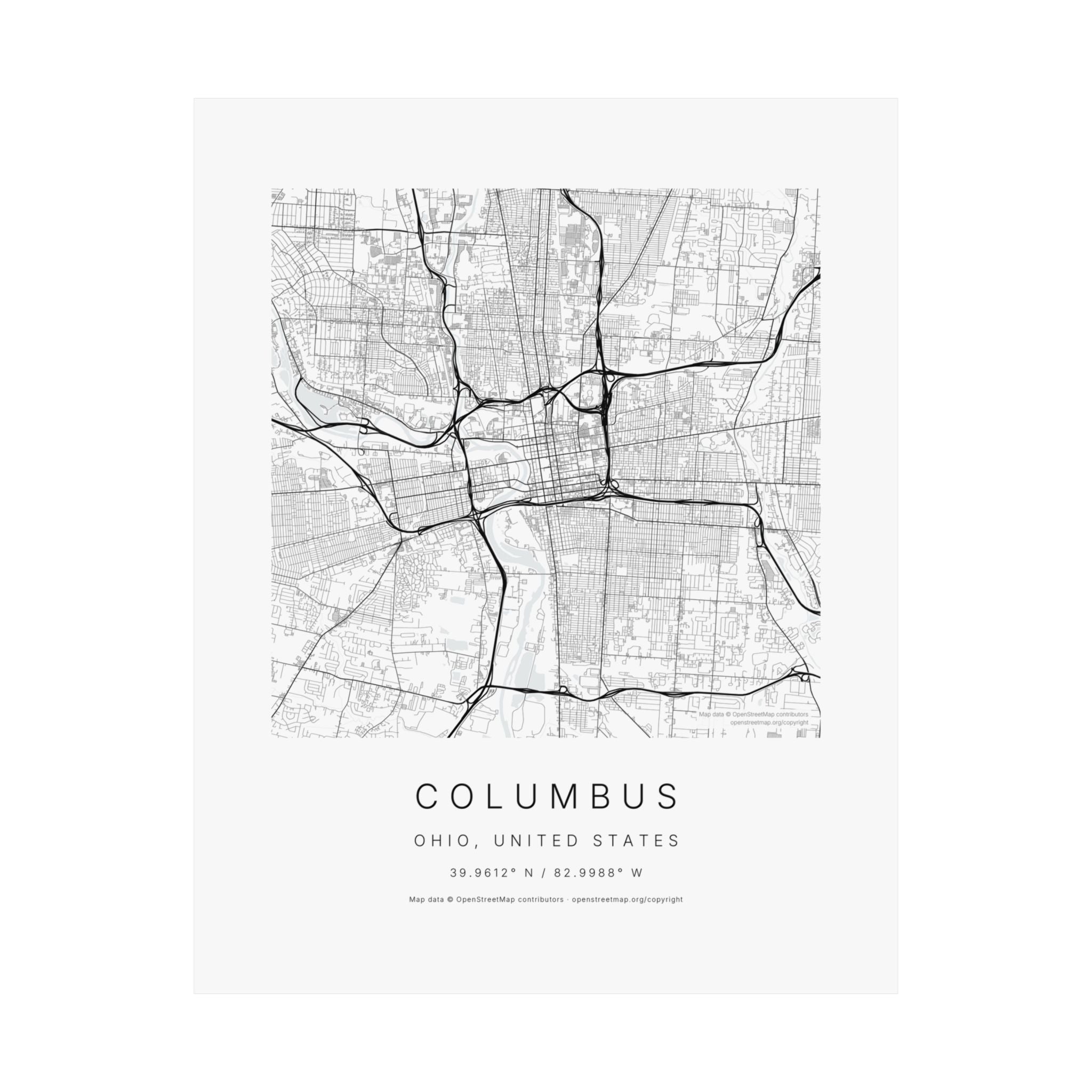 Columbus, Ohio City Map Print — Minimalist Street Map Wall Art