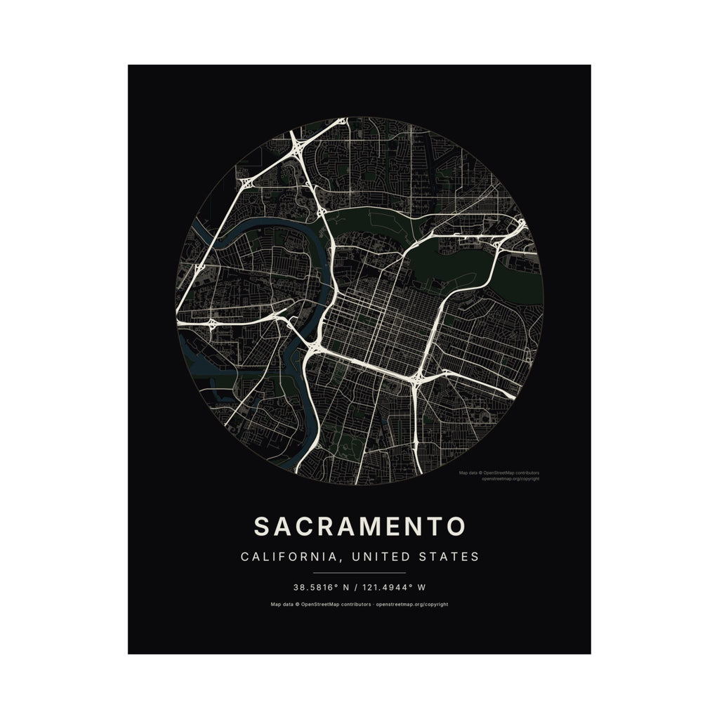 Sacramento, California City Map Print — Noir Black Street Map Wall Art